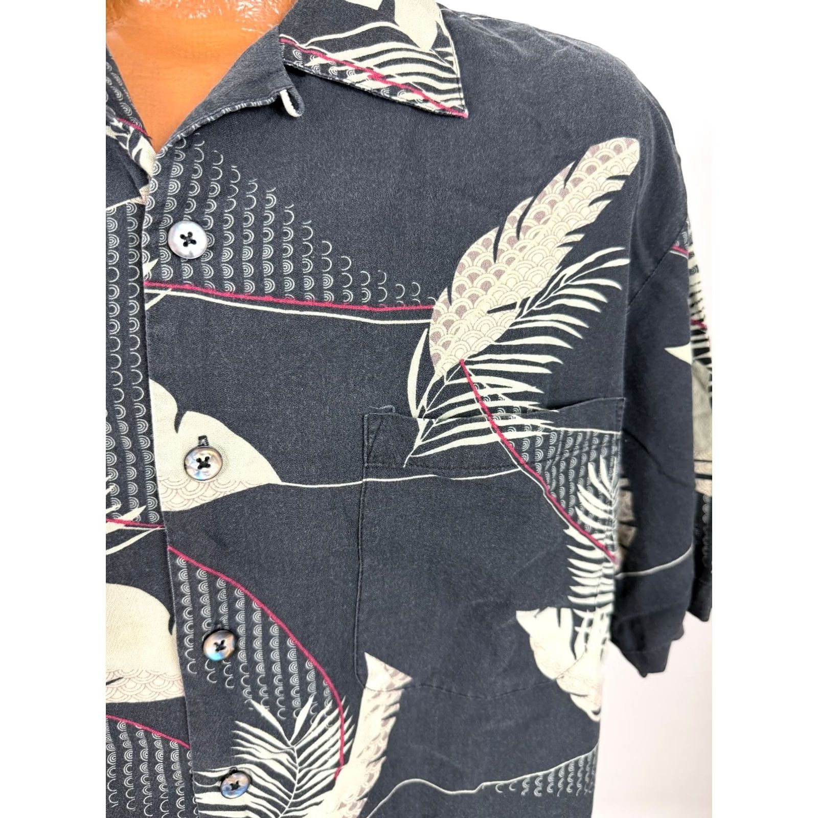 MCM VINTAGE Aureus Shirt Men L Geometric Hawaiian 90s Silk Cotton Button-Up (MCM, Tiki) Black Short Sleeve” Size US L / EU 52-54 / 3 - 2 Thumbnail