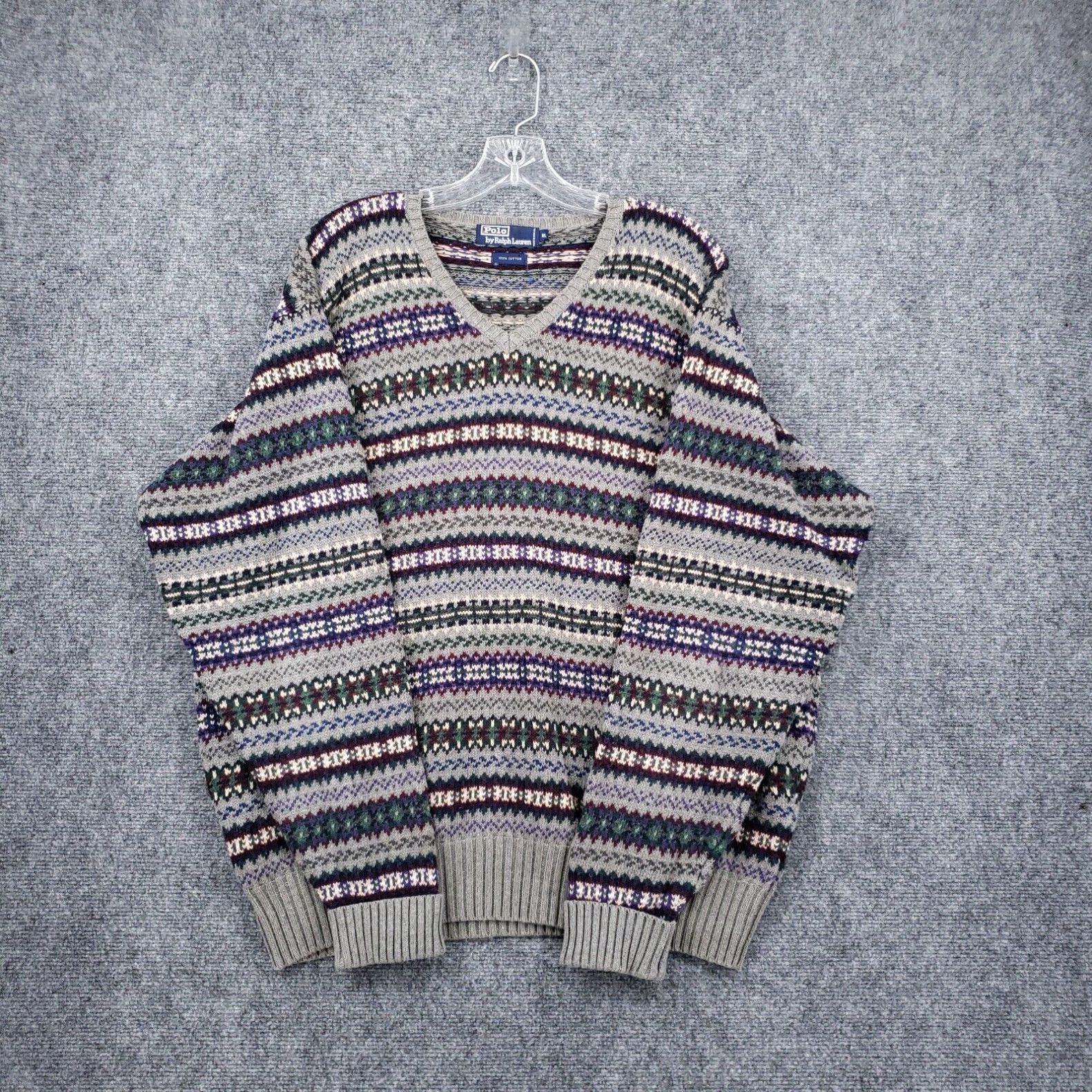 image of Vintage Polo Ralph Laurent Sweater Mens XL Gray Fair Isle V Neck Pullover Jumper in White