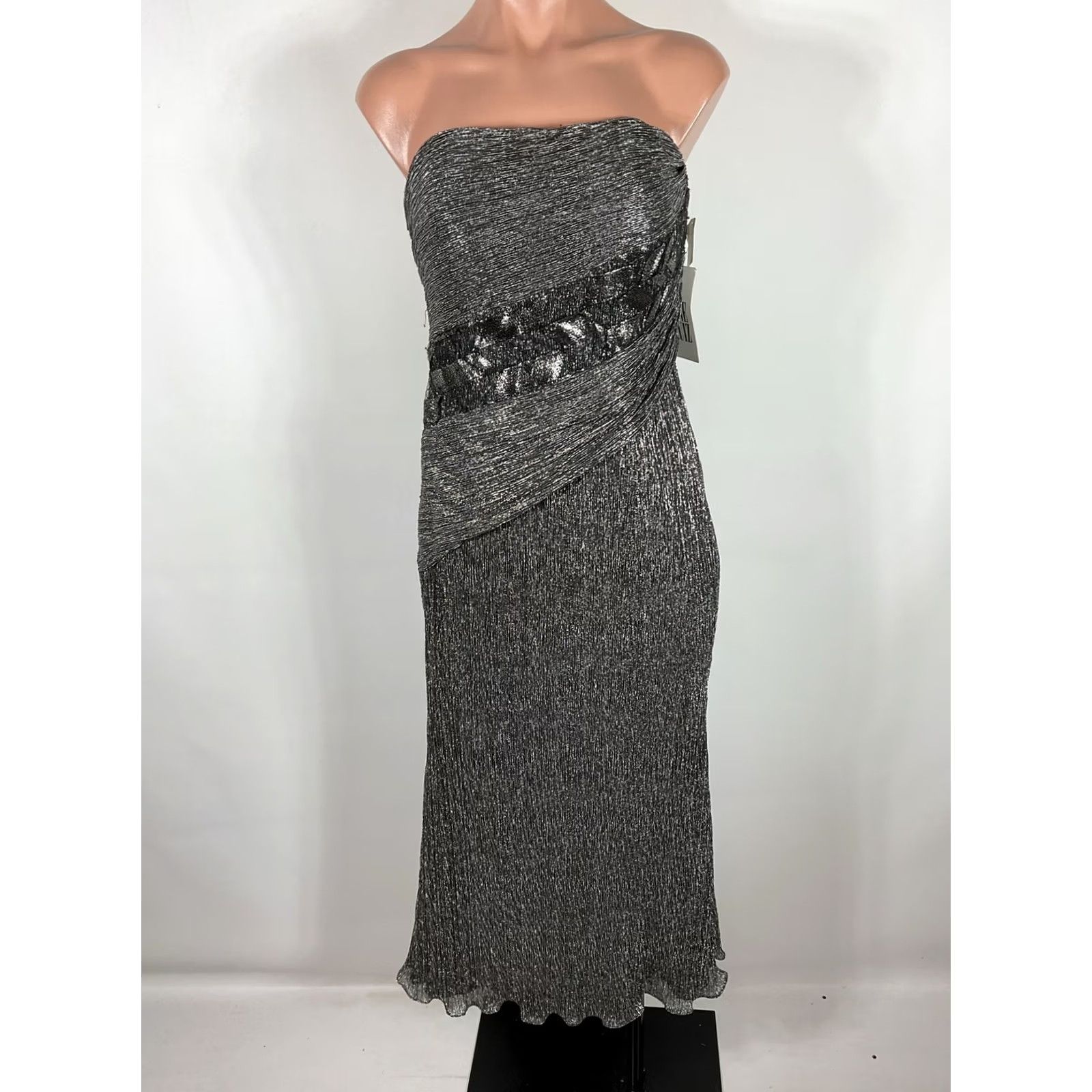 Neiman Marcus VINTAGE Rene Ruiz Neiman Marcus Silver Sequin Cocktail Dress Midi Pleated Metallic Lame Size L / US 10 / IT 46 - 3 Thumbnail