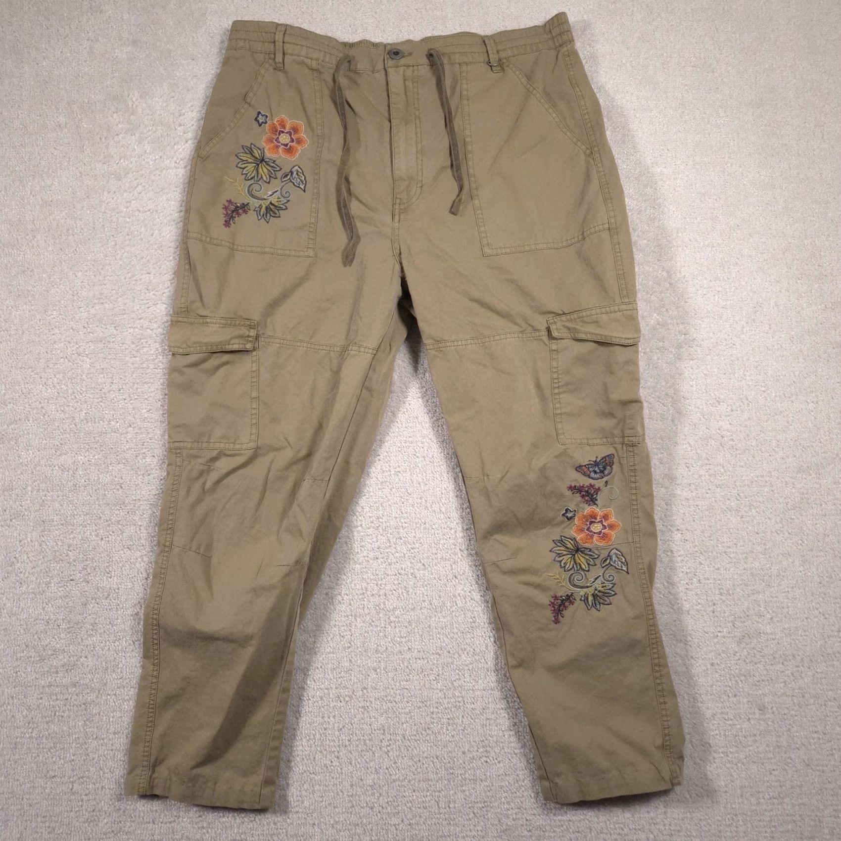 Vintage Sundance Pants Womens 16 Beige Cargo Embroidered Floral Crop Relaxed Twill Size 38" / US 16 / IT 52 - 2 Thumbnail