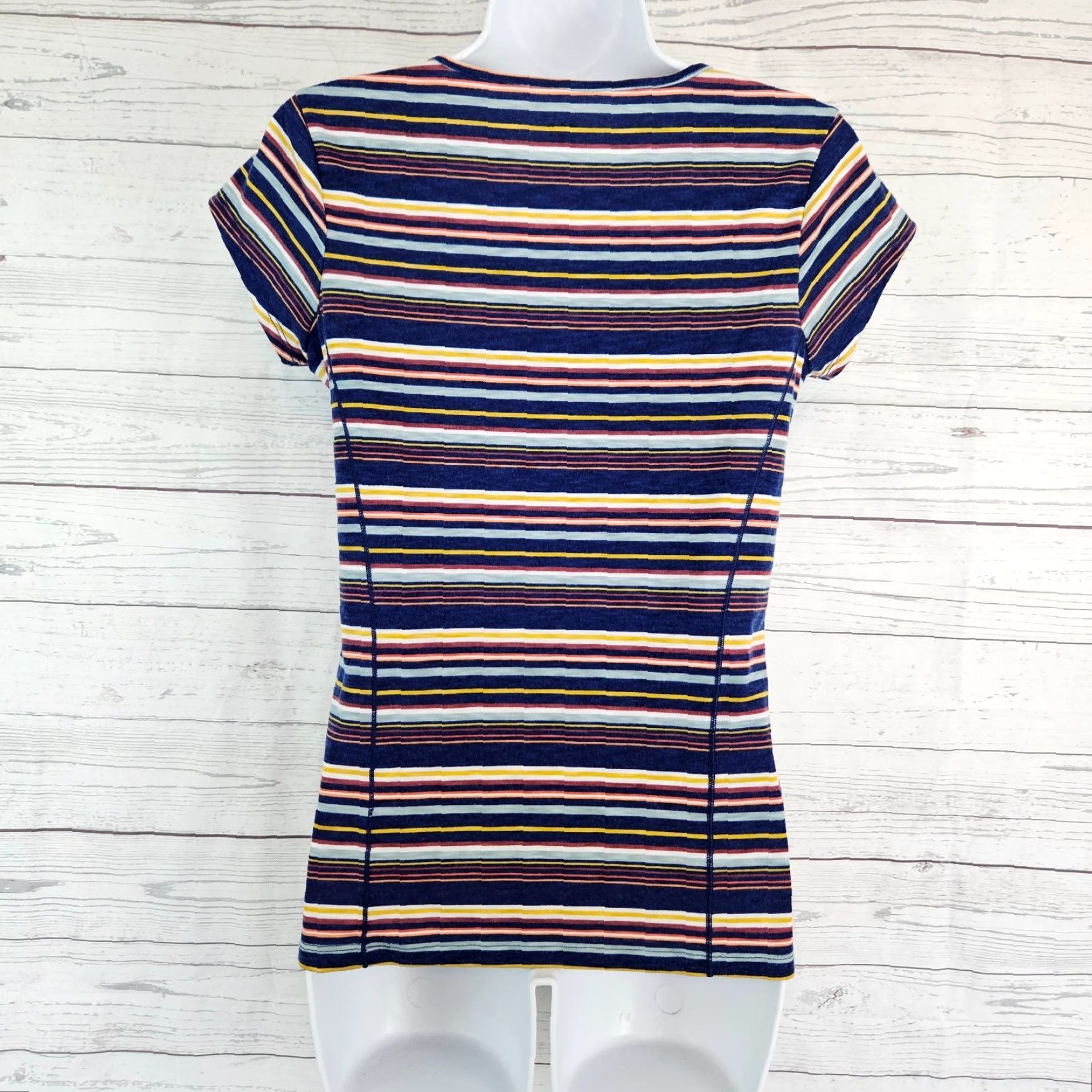 Vintage Title Nine Womens Tee XS Blue Yellow Stripe Short Sleeve Shirt Size 26" / US 2 / IT 38 - 3 Thumbnail