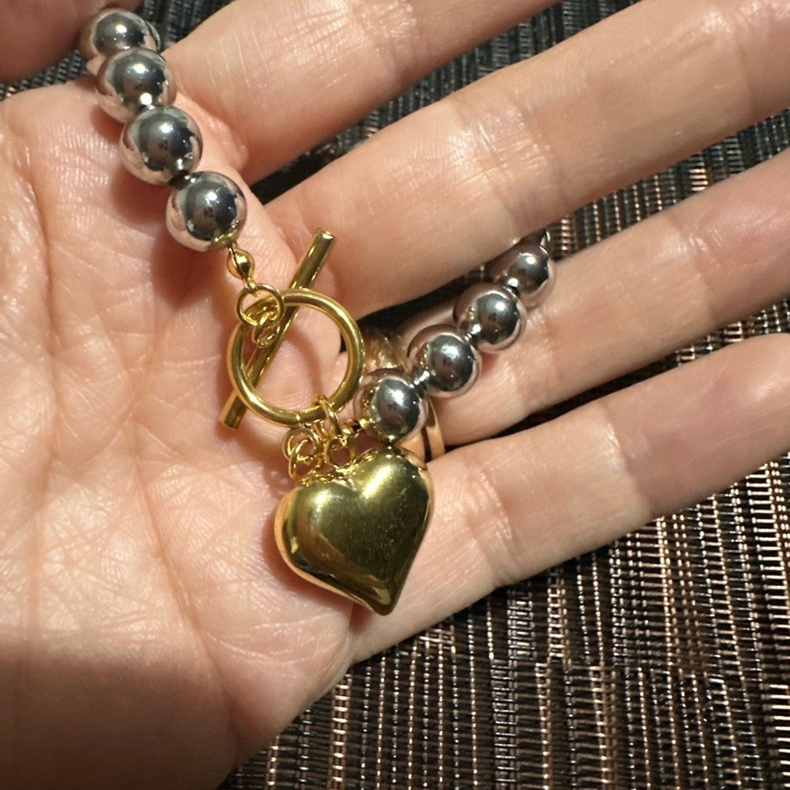 Other 18k Gold Plated Stainless Steel Round Bead Heart Bracelet 8” Size ONE SIZE - 3 Thumbnail