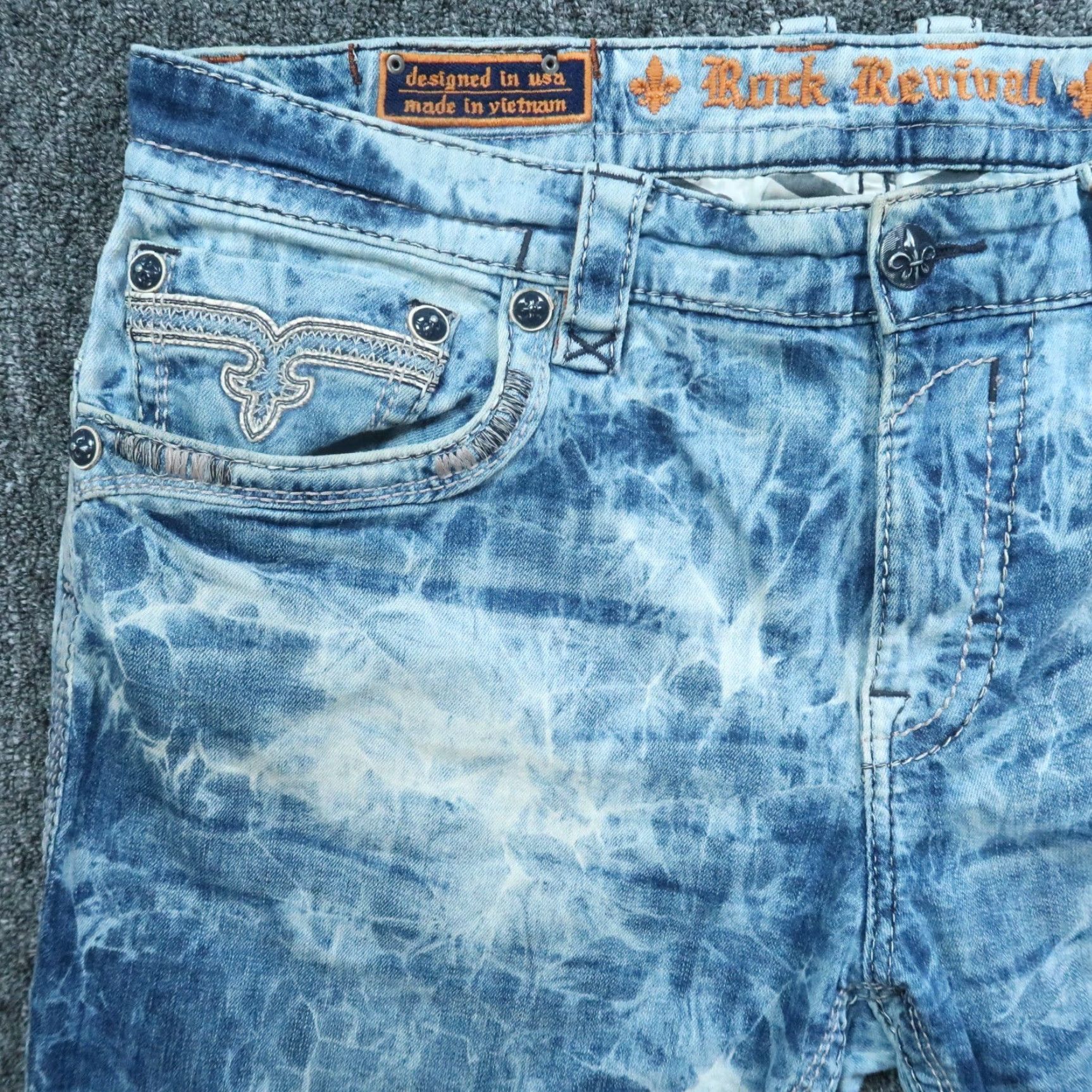 Vintage Rock Revival Jeans Men 40x28 Blue Dorsett Alt Straight Acid Wash Distressed Size US 40 / EU 56 - 3 Thumbnail