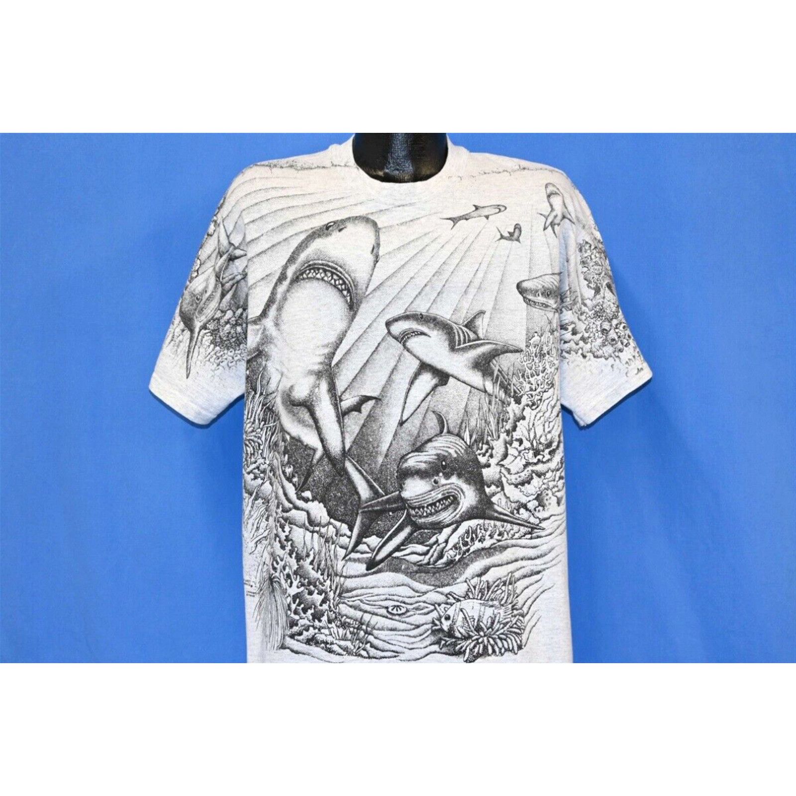 image of Hanes VTG 90's Shark All Over Print Coral Reef Animal Marine Wildlife Nature T-Shirt XL in White