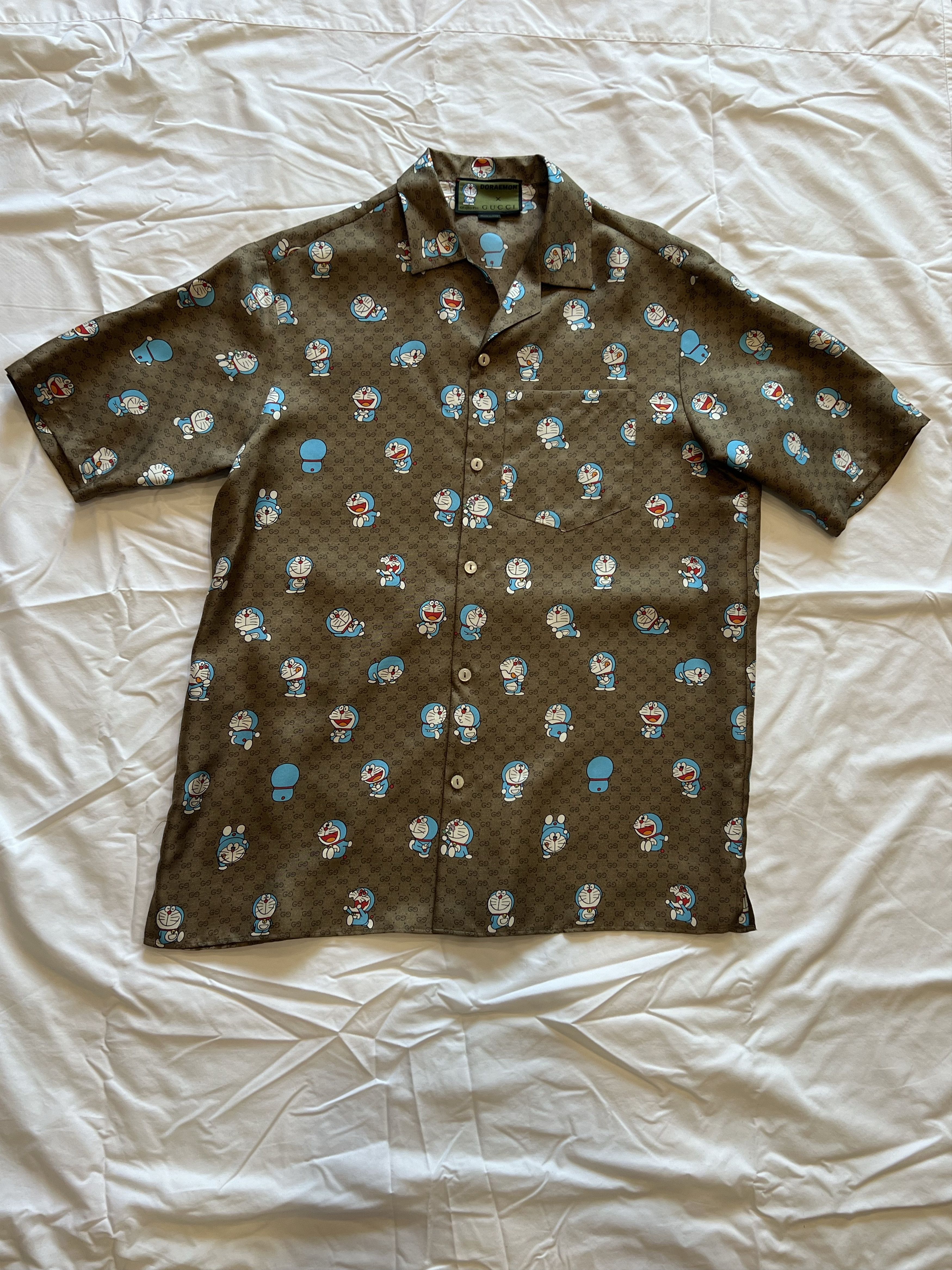 image of Doraemon X Gucci GG Bowling Shirt in Beige/Ebony, Men's (Size Medium)