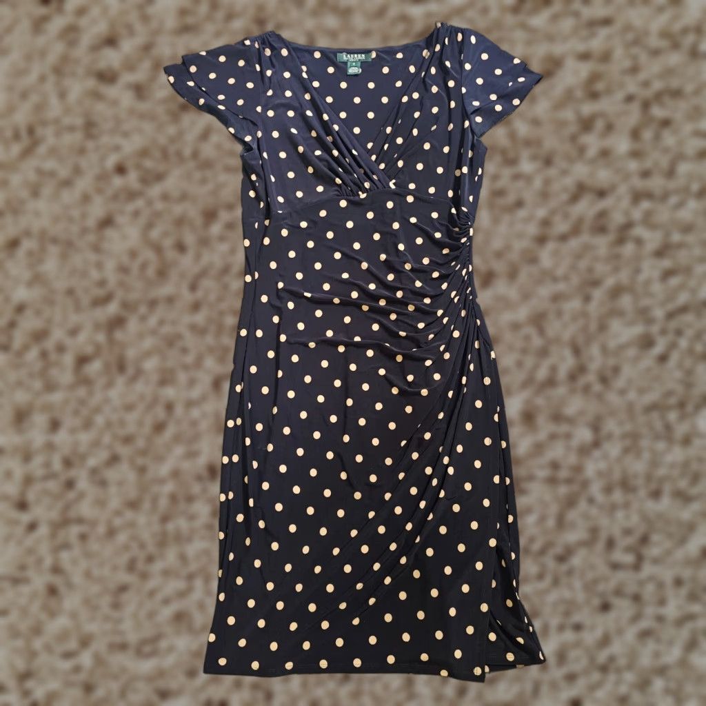 Ralph Lauren Lauren Ralph Lauren Dress Womens 12 Black Polka Dot Stretch  Cocktail Career V-Neck Short Sleeve Ruched Knit Polyester Knee Length  Classic 90s? | Grailed