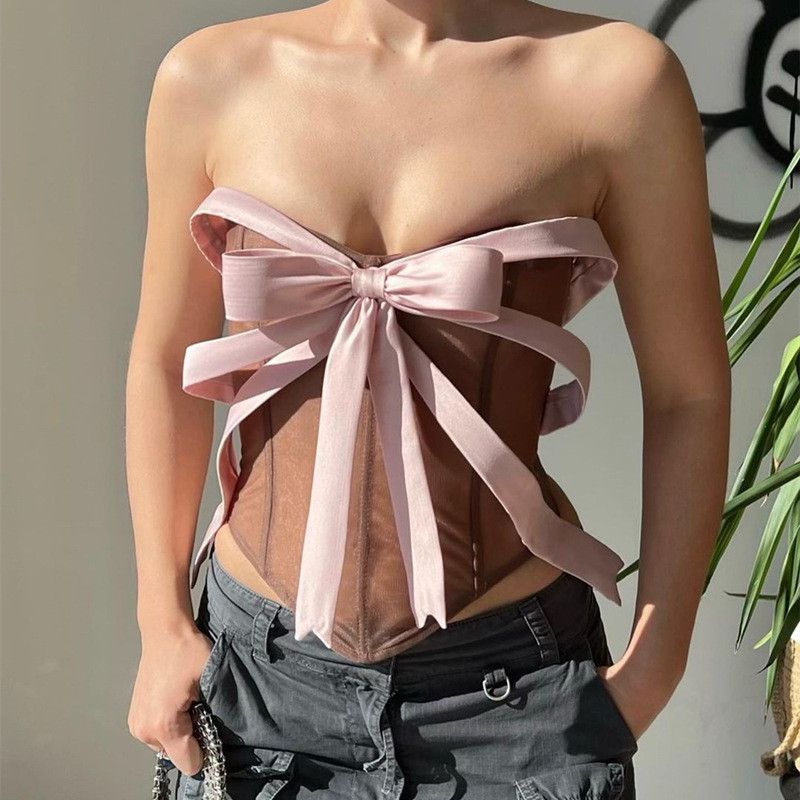image of Vintage Stylish Sexy One-Line Shoulder Bow Lace-Up Style Vest in Brown, Women's (Size Medium)