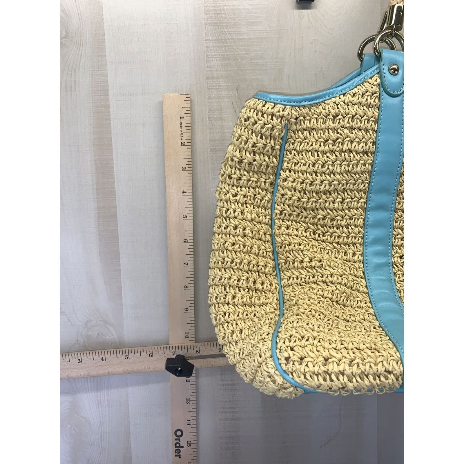 Talbots VINTAGE Talbots Paper Straw Woven Bag Shoulder Bag Womens Teal Blue Leather Trim Gold Accents Size ONE SIZE - 2 Thumbnail