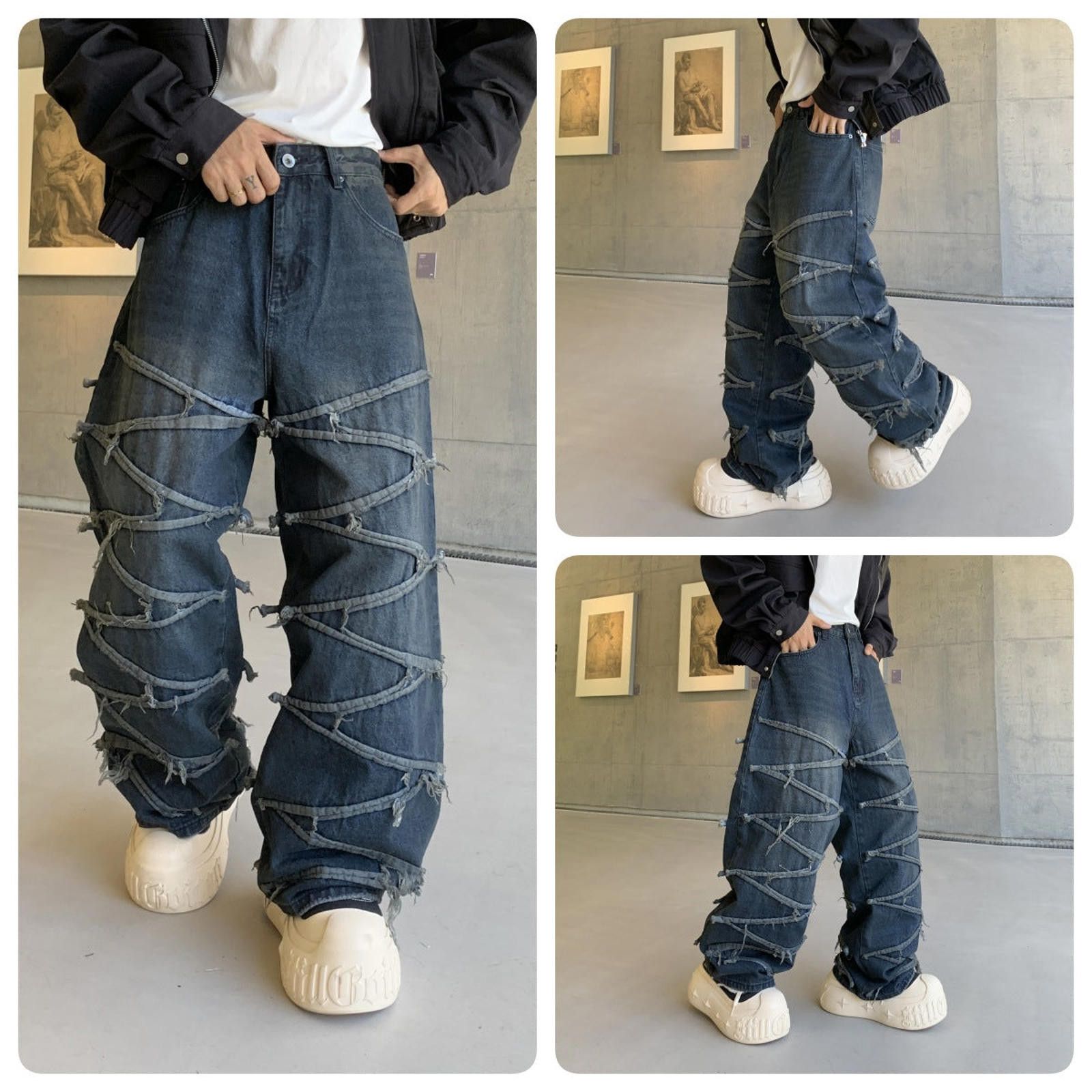 Japanese Brand Distressed Wide Leg Denim Jeans, Baggy Fit Jeans Size US 30 / EU 46 - 4 Thumbnail