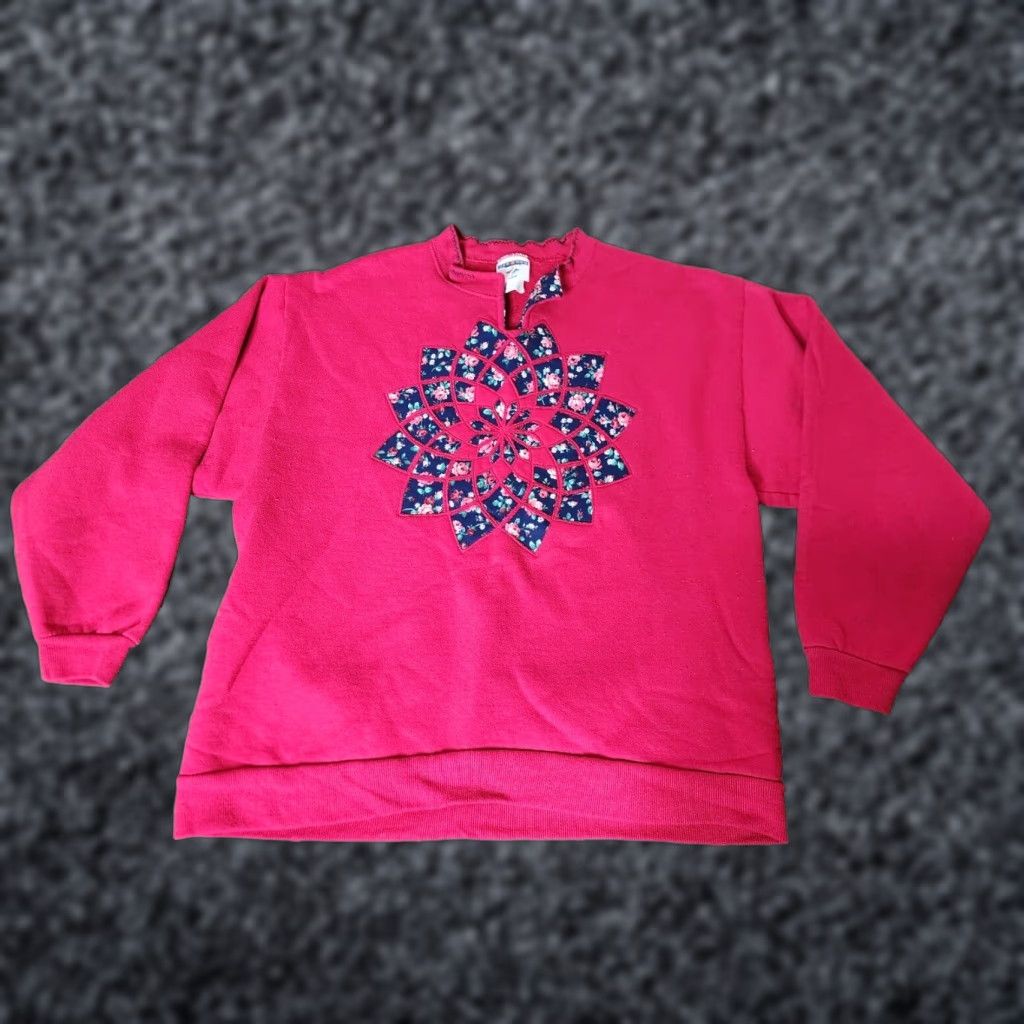 Jerzees VINTAGE Jerzees Sweatshirt Womens M Floral Quilt Inlay Pattern Grandma Style Red Cotton Blend Crew Neck Long Sleeve Pullover Size M / US 6-8 / IT 42-44 - 1 Thumbnail