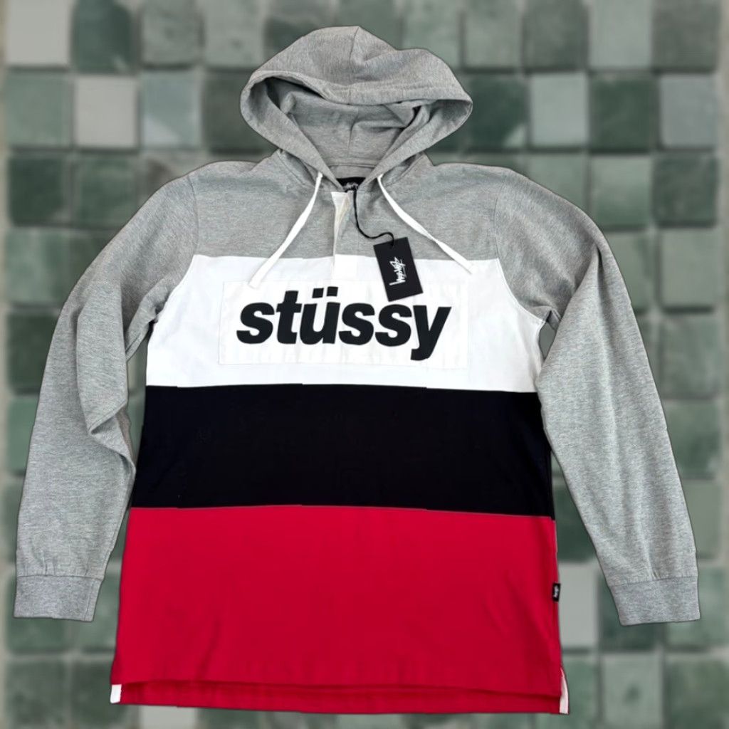 Spell Stussy Rugby Shirt Spell Out Logo Hoodie Multicolor Grey Black Red Colorblock Men L Hoodie Size US L / EU 52-54 / 3 - 1 Thumbnail