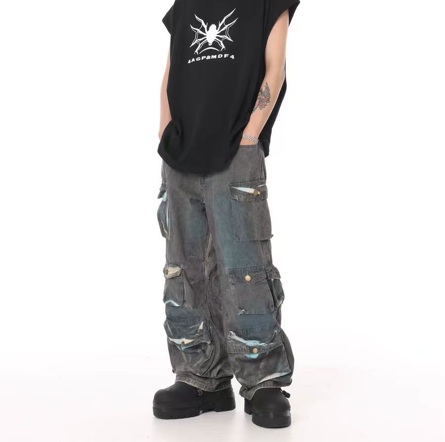 Tie-dyed vintage gradient multi-pocket baggy work jeans