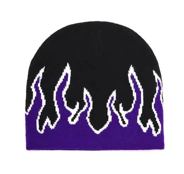 Japanese Brand Fire Flame Graphic Purple Beanie Size ONE SIZE - 4 Thumbnail