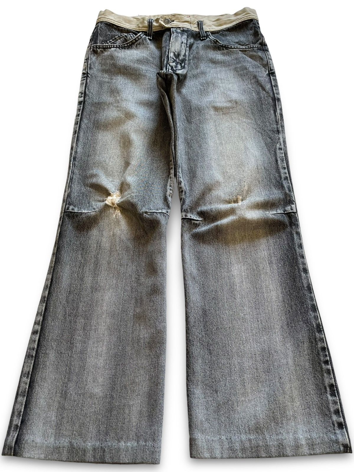 image of Distressed Denim x Edwin Vintage Japanese Edwin E Function Distressed Flare Jeans in Black Grey (Si