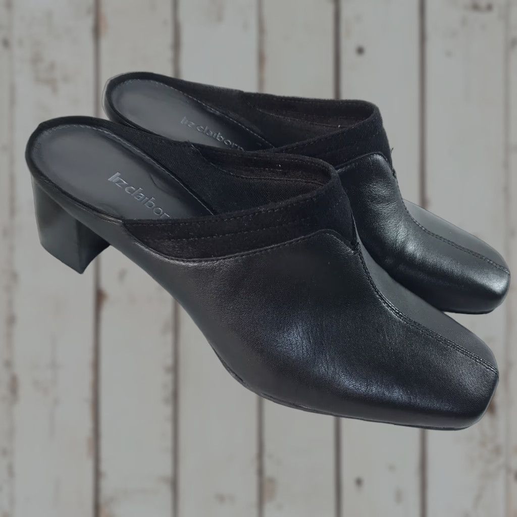 Liz Claiborne Liz Claiborne Black Leather Mules Womens Size 7.5 Square Toe Slip On Block Heel Size US 7.5 / IT 37.5 - 1 Thumbnail