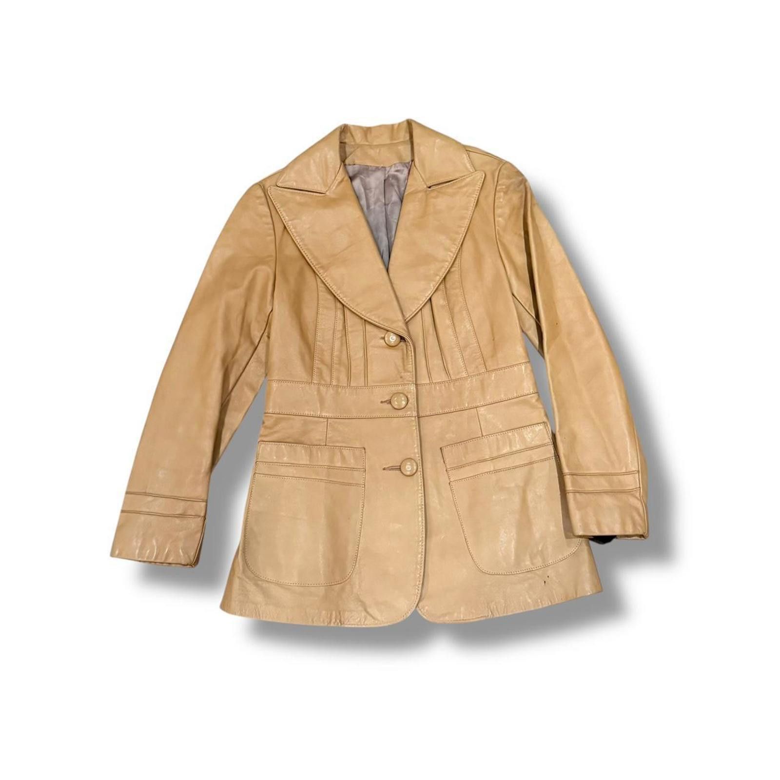 Camel Camel 70s Fitted Collared Leather Jacket Size XS / US 0-2 / IT 36-38 - 1 Thumbnail