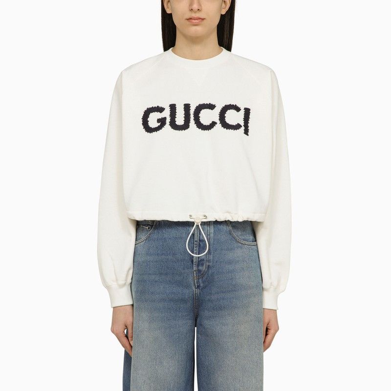 image of Gucci Short White Cotton Sweatshirt With Drawstring, Women's (Size Medium)