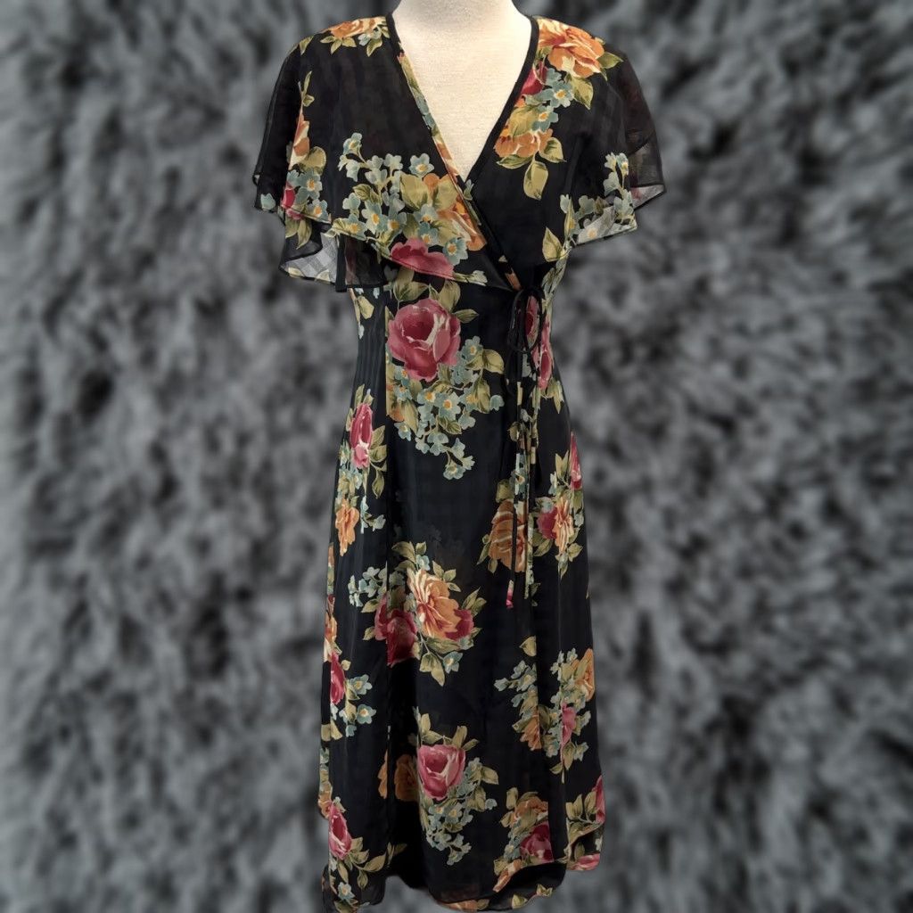 Vintage Vtg Wild Rose Dark Floral Wrap Midi Dress Sz 6 Romance Cottagecore Made USA Size M / US 6-8 / IT 42-44 - 1 Thumbnail