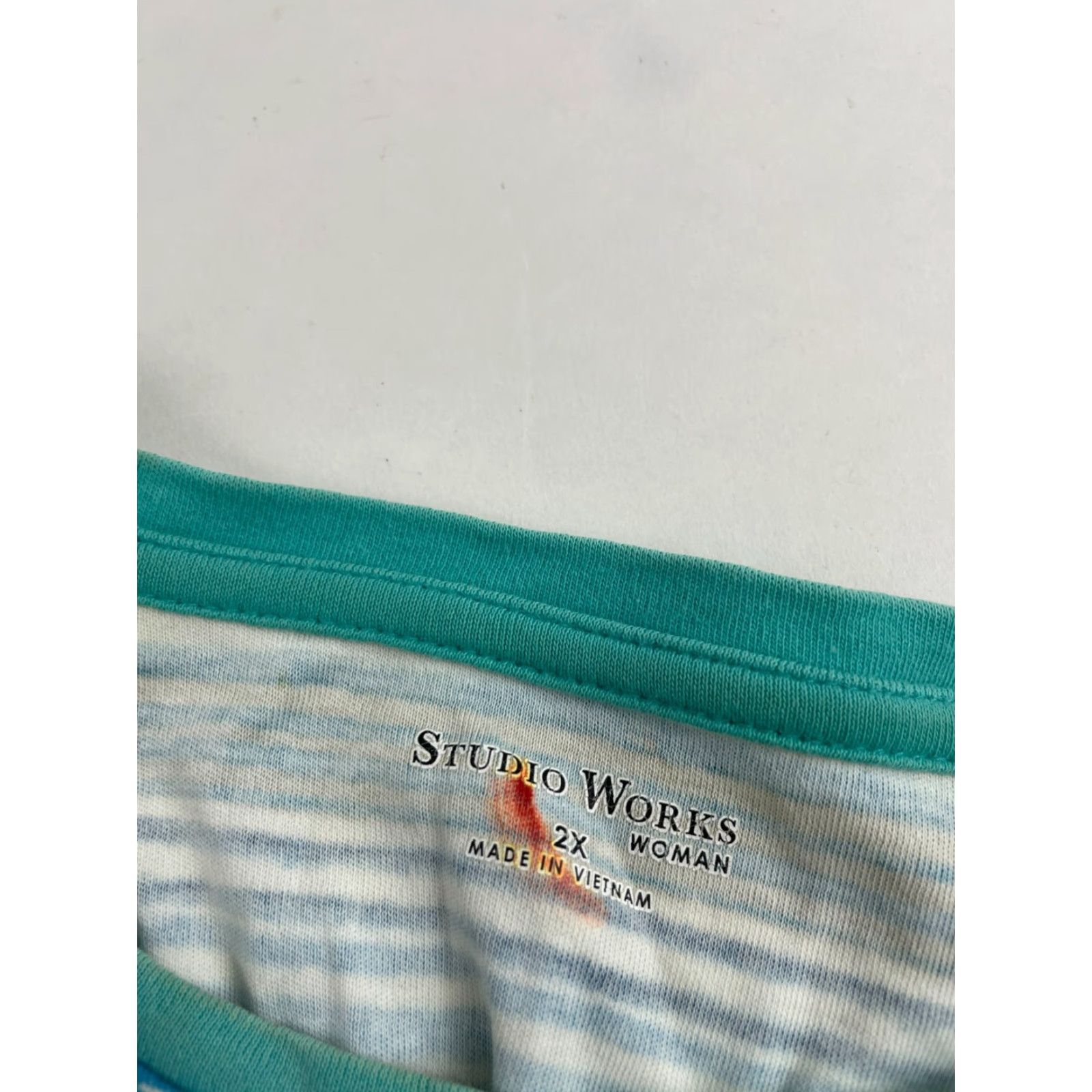 Vintage Studio Works T-Shirt Women's Size 2XL Green Blue Striped Short Sleeve Boat Neck Size XXL / US 16-18 / IT 52-54 - 6 Thumbnail