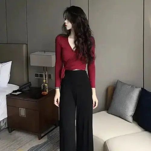 Japanese Brand Slim V-neck T Shirt Women's Cross Knotted Size ONE SIZE - 4 Thumbnail