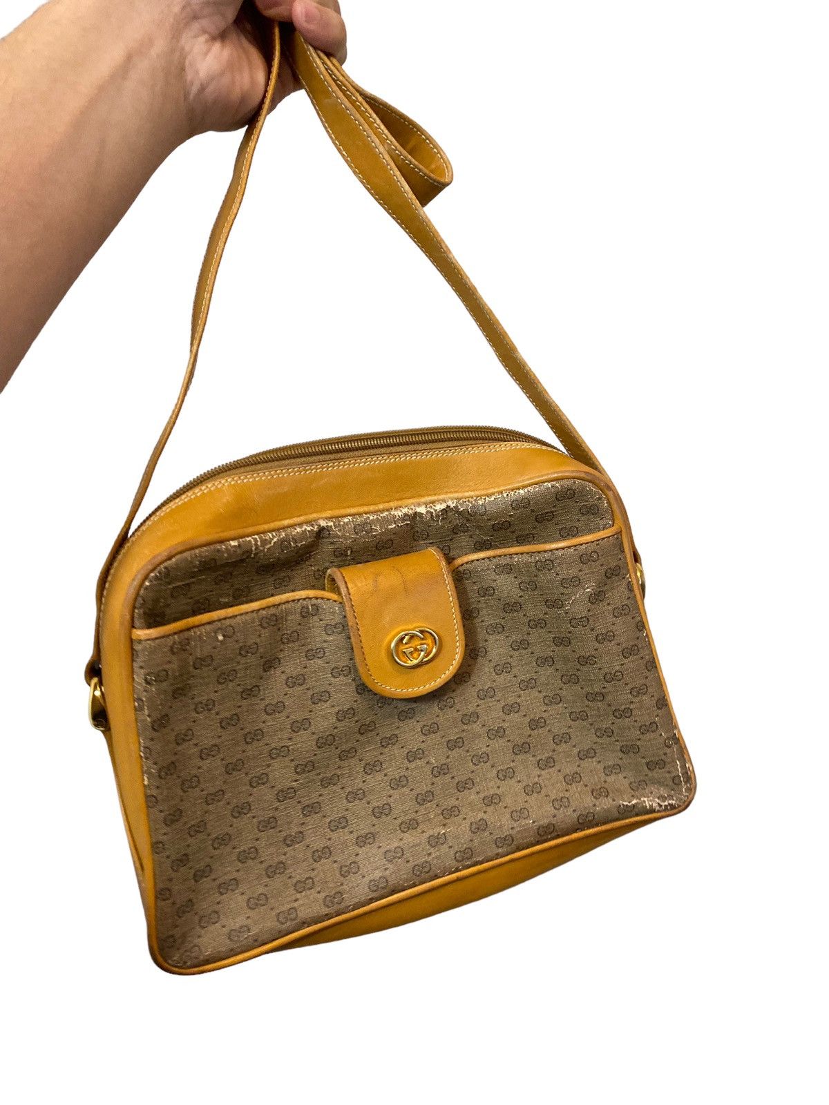 image of 70's / 80's Gucci Monogram Shoulder Bag in Tan, Women's