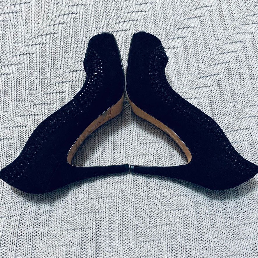 White House Black Market WHBM black suede rhinestone peep toe heels Size US 6.5 / IT 36.5 - 6 Thumbnail