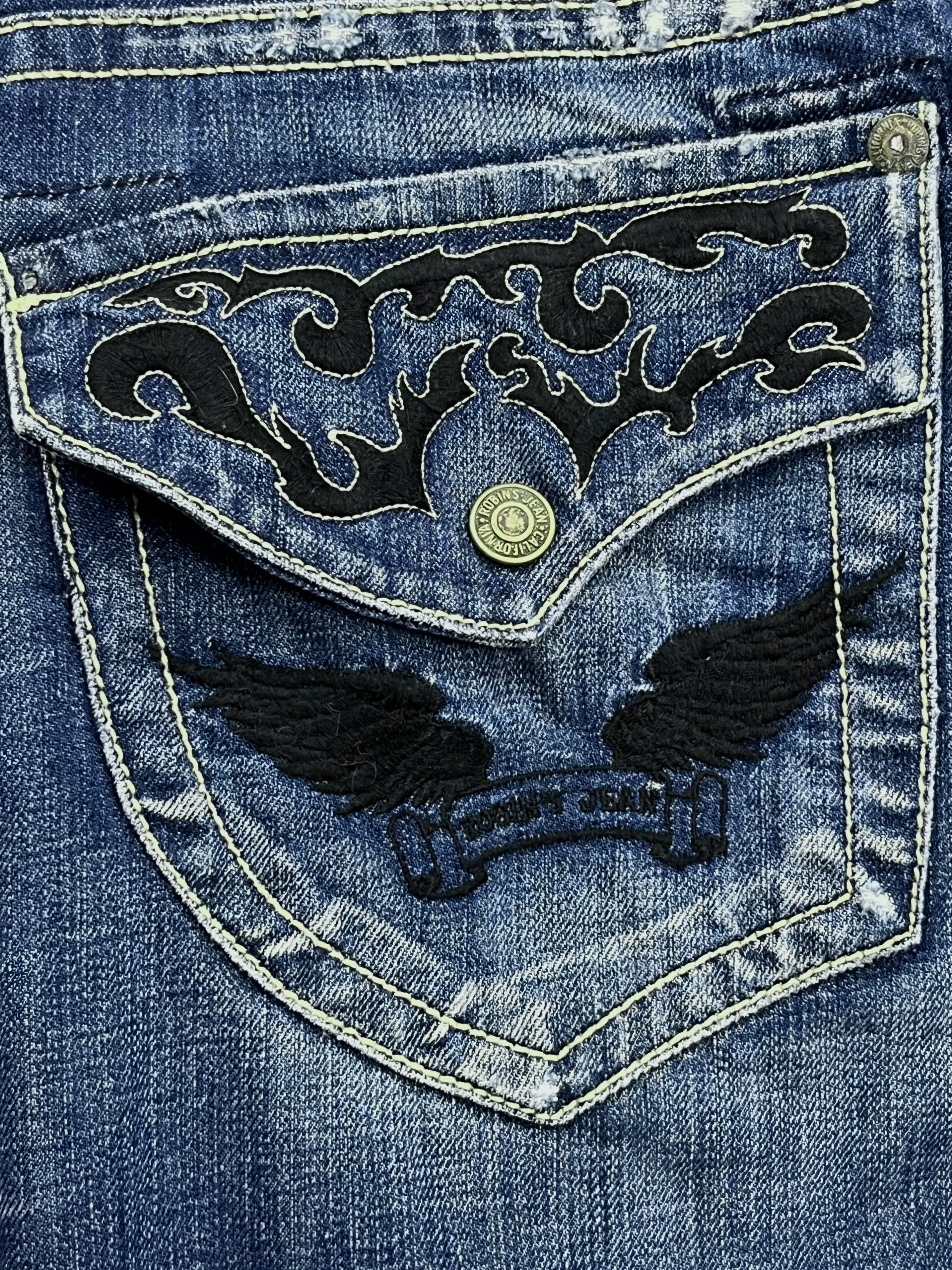 Robins Jeans ROBINS JEANS BLACK WINGS Tribal Embroidery Minimalist Flare Size US 29 - 9 Thumbnail