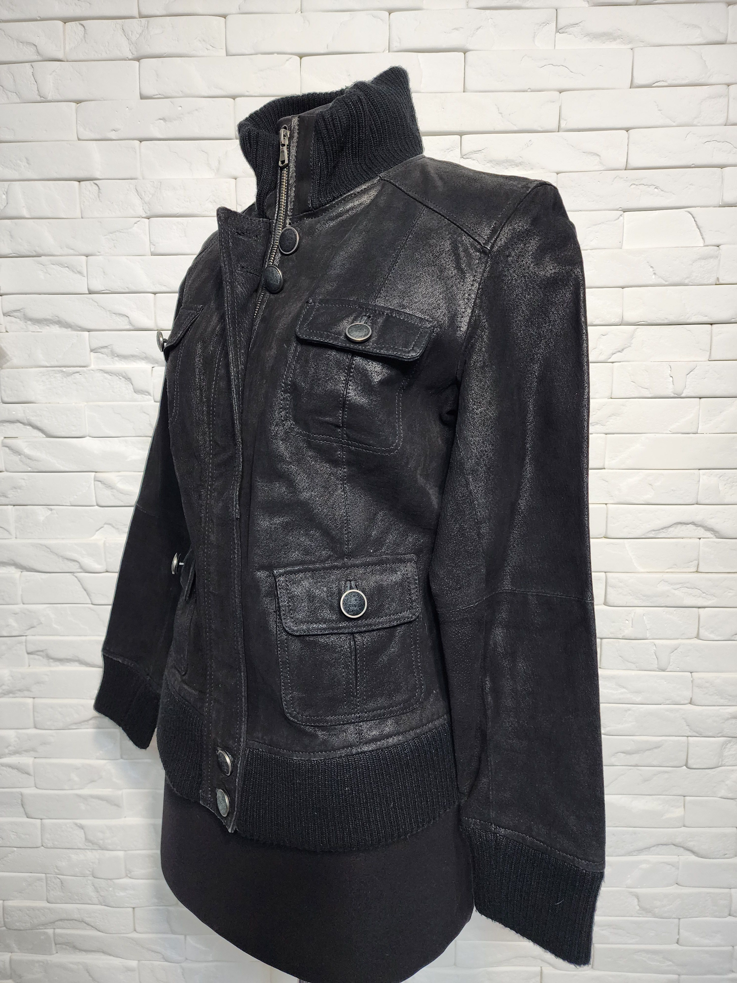 Other Black Leather Zip-Up Jacket: Women's Knitted Trim Sportswear Size L / US 10 / IT 46 - 2 Thumbnail