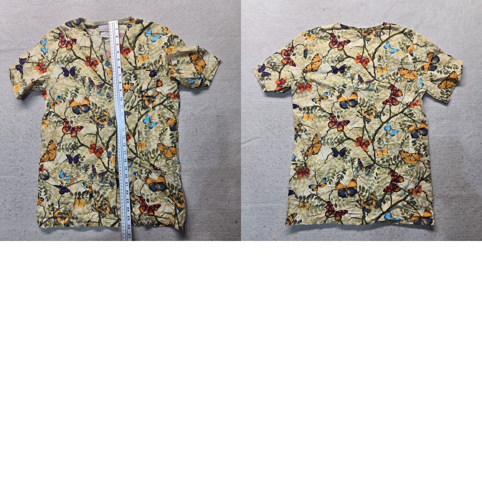 Gloverall VINTAGE Peaches Women's Button Up Scrub Top Shirt XS White Butterflies Cotton Blend Size US XS / EU 42 / 0 - 8 Thumbnail