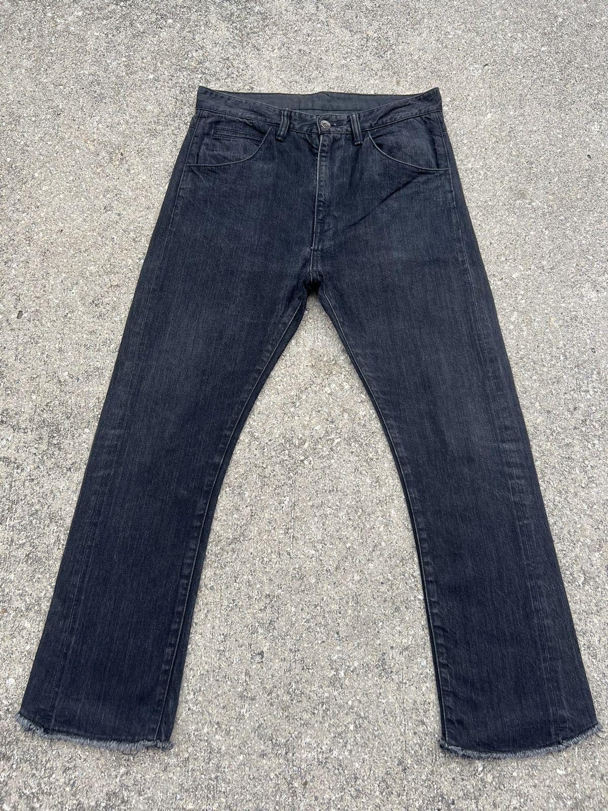 Bukht Japan Faded Black Selvedge Denim Cropped Flare Jeans