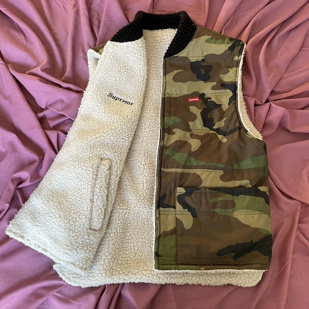 image of Supreme Sherpa Fleece Reversible Work Vest - Woodland Camo, Men's (Size Small)