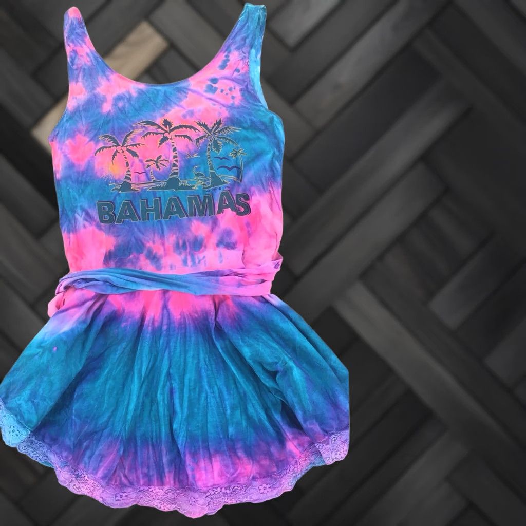 Vintage VINTAGE Bahamas Graphic Tank Dress 90s Neon Tie Dye One Size Star On The Beach Dress Size ONE SIZE - 1 Thumbnail