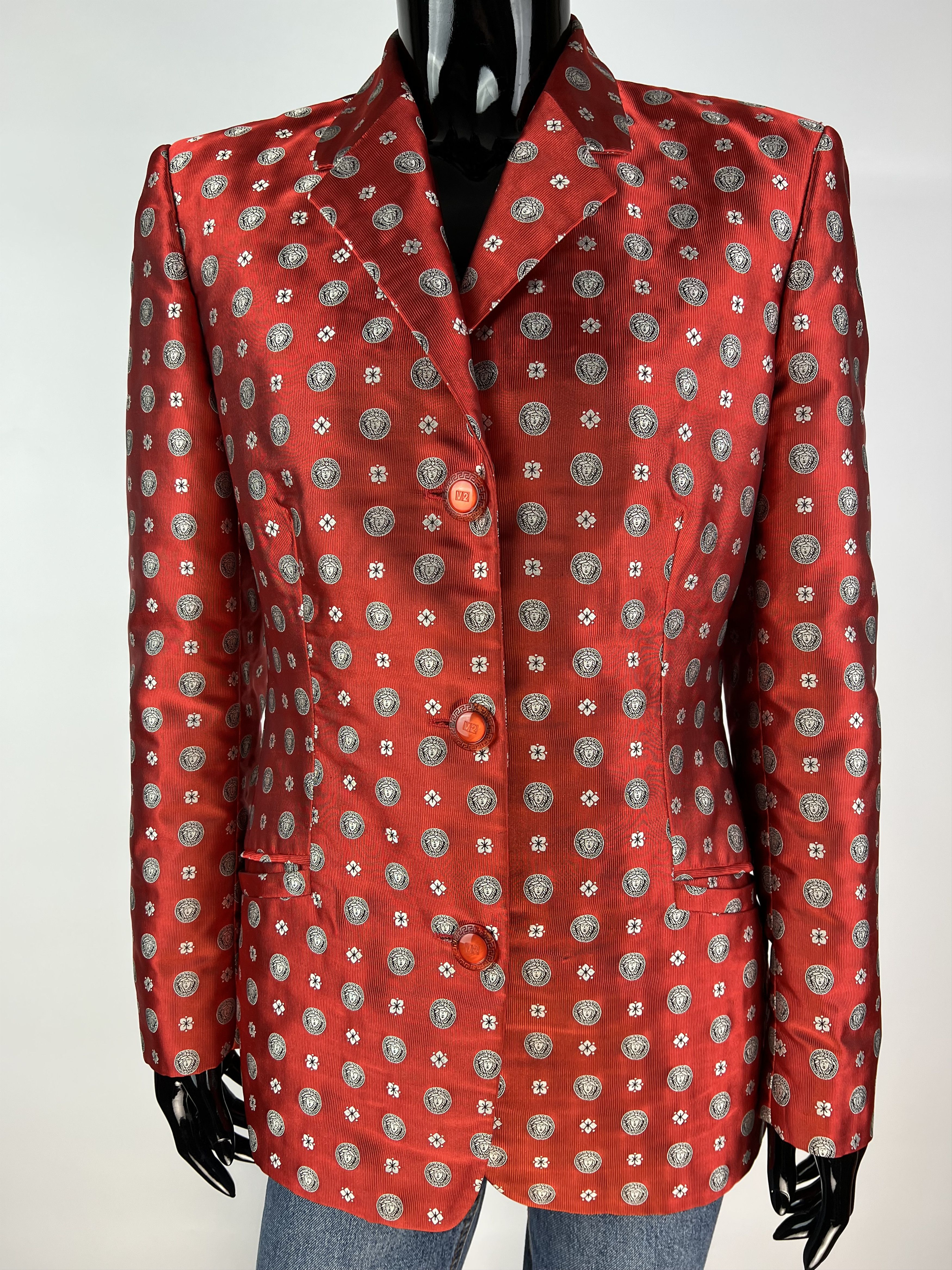 Versace Classic V2 Medusa Logo Full Print Silk Blazer US6