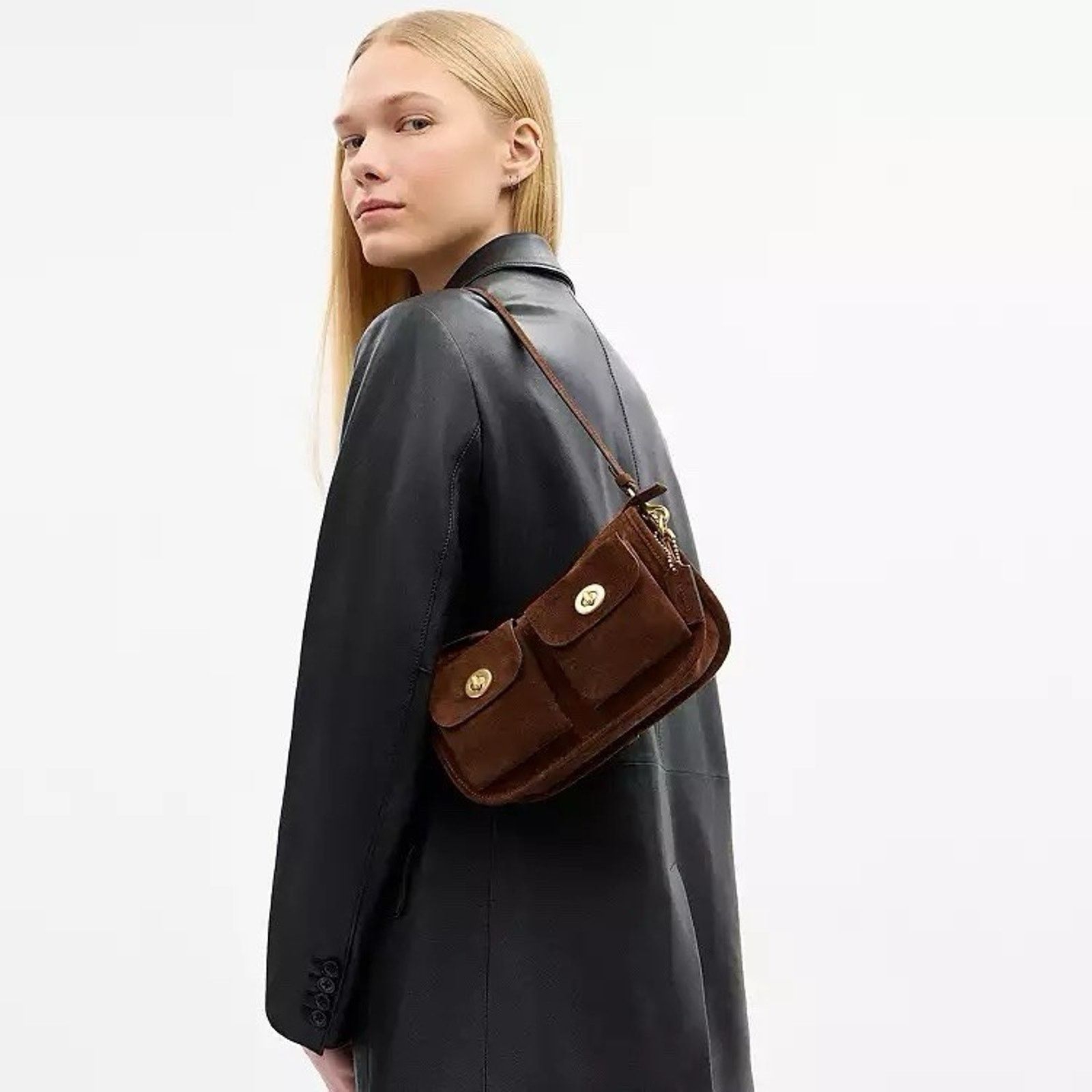 Coach NWT COACH Suede CDZ21 Twin Turnlock Waverly Bag Warm Brown Size ONE SIZE - 8 Thumbnail