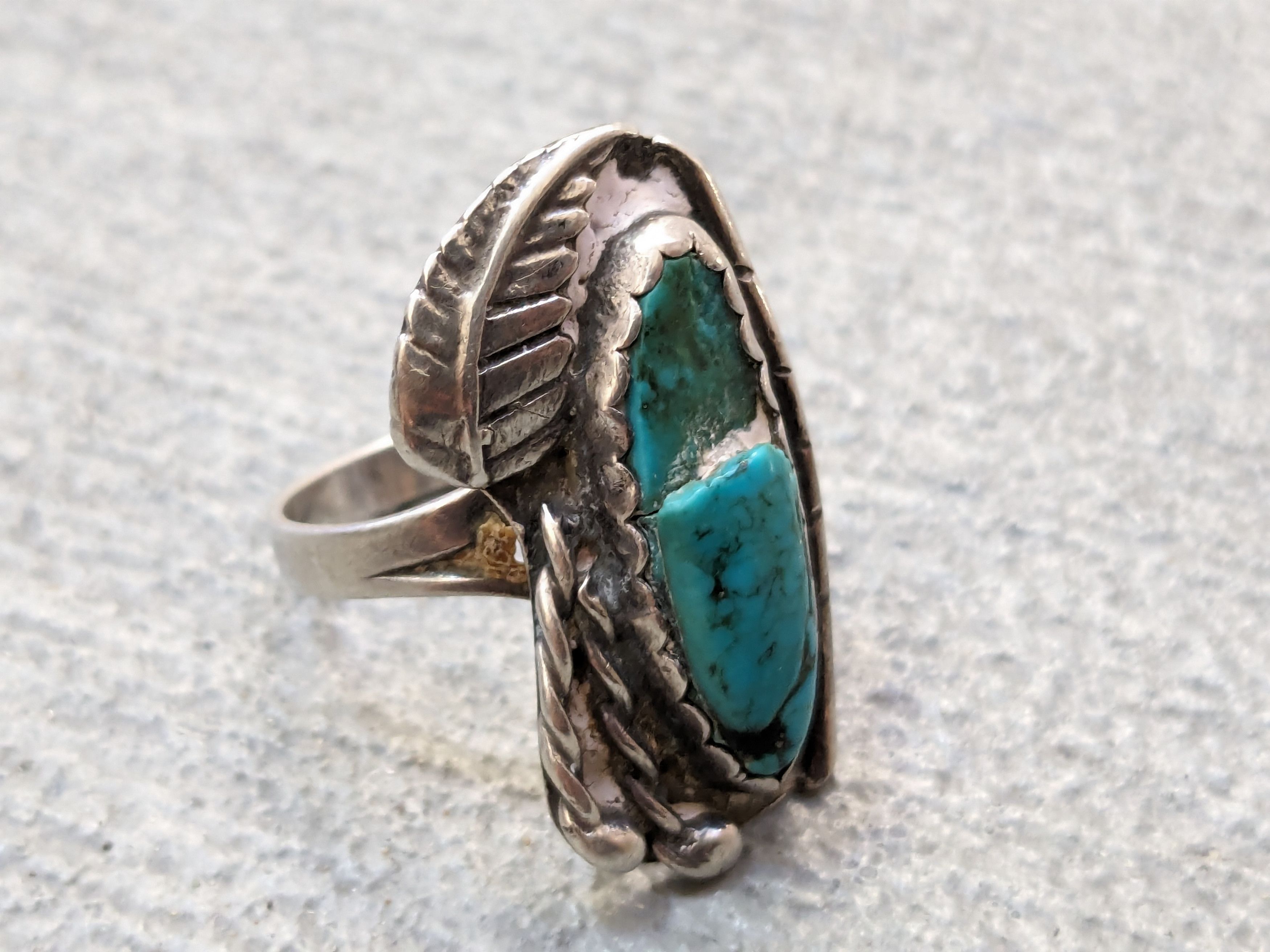Jewelry Vintage Sterling Silver Ring 8 Turquoise Leaf Modern Size ONE SIZE - 5 Thumbnail