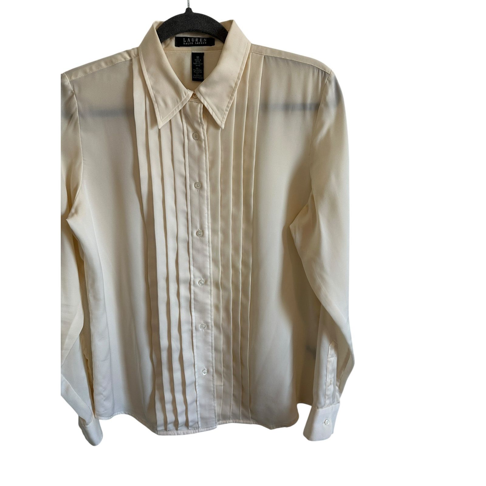 Ralph Lauren Women's Medium Cream Pleated Front Collar Button Up Top Size M / US 6-8 / IT 42-44 - 4 Thumbnail
