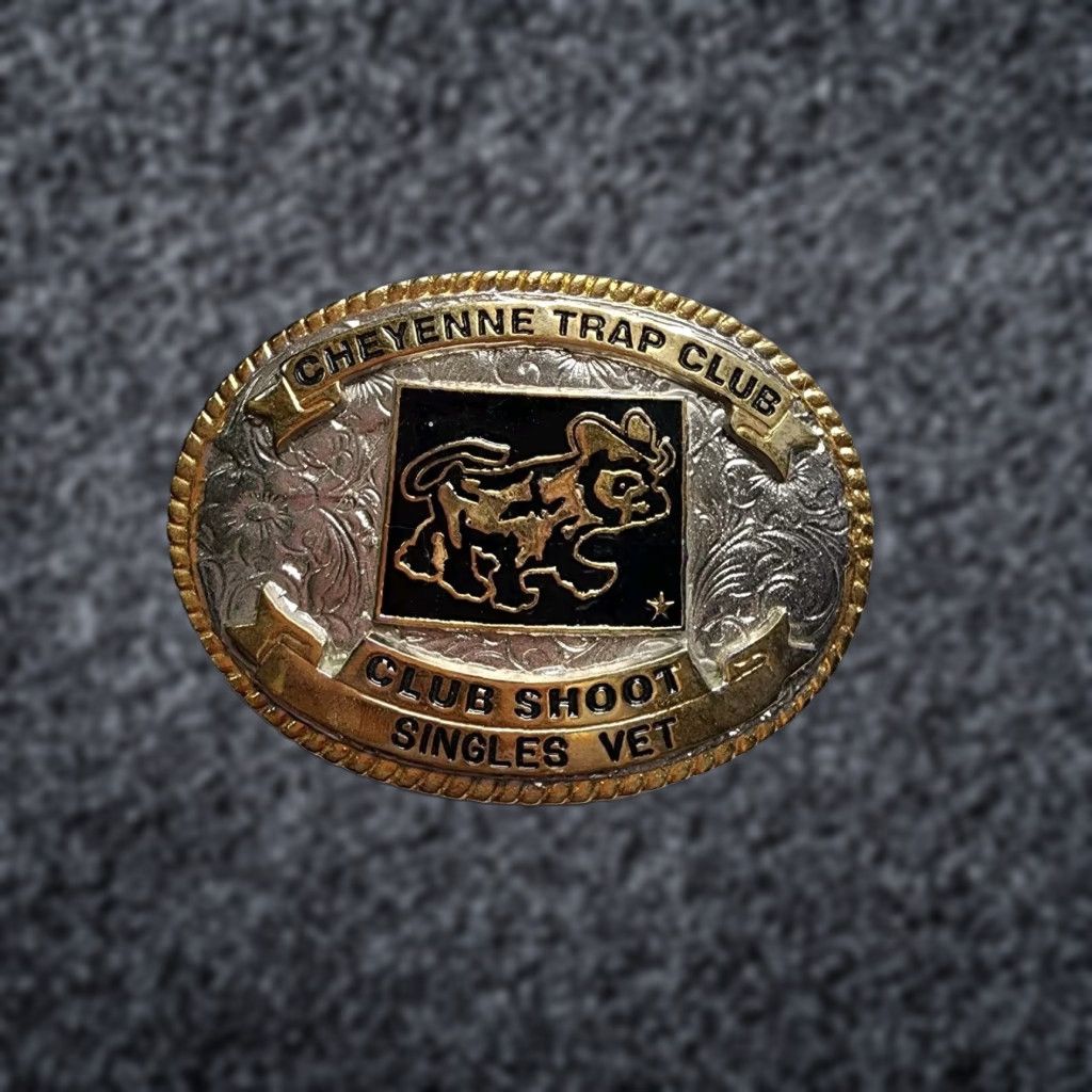 Vintage VINTAGE Creative Casting Western Belt Buckle Men One Size Silver State Trap and Shoot Club Trophy Leather Accents Size ONE SIZE - 1 Thumbnail