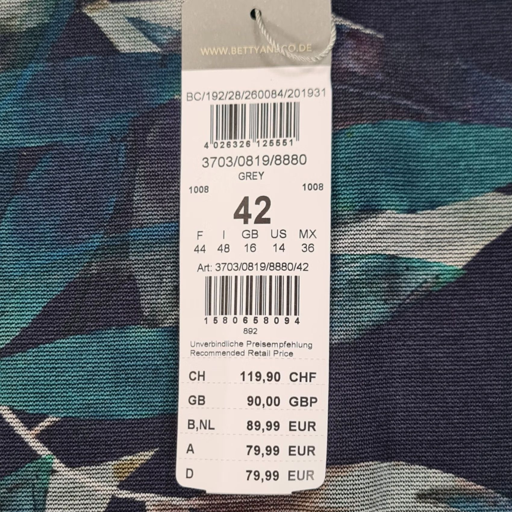 CO Betty & Co Womens Dress Navy Blue Leaf Print 3/4 Sleeve Knee Length 16 UK Casual Cocktail Party/Comm union Mens Womens Girls Size XXL / US 16-18 / IT 52-54 - 4 Thumbnail