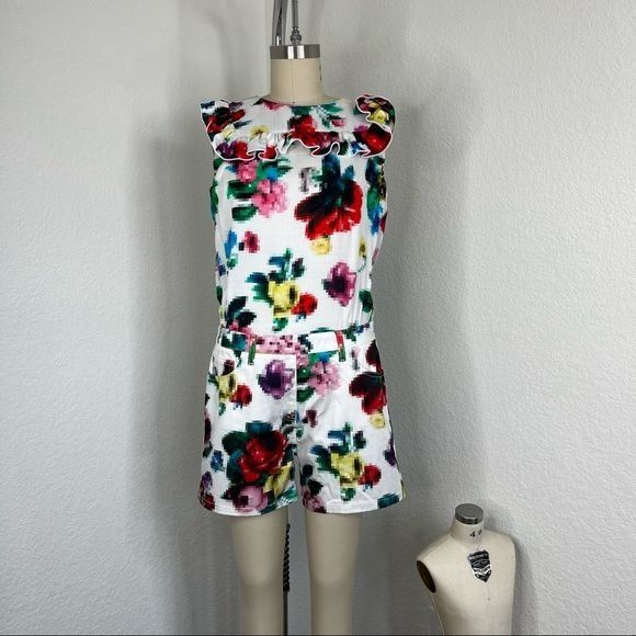 Love Moschino LOVE MOSHINO Pixelated Romper Floral Ruffle Playsuit Size 28" / US 6 / IT 42 - 1 Thumbnail
