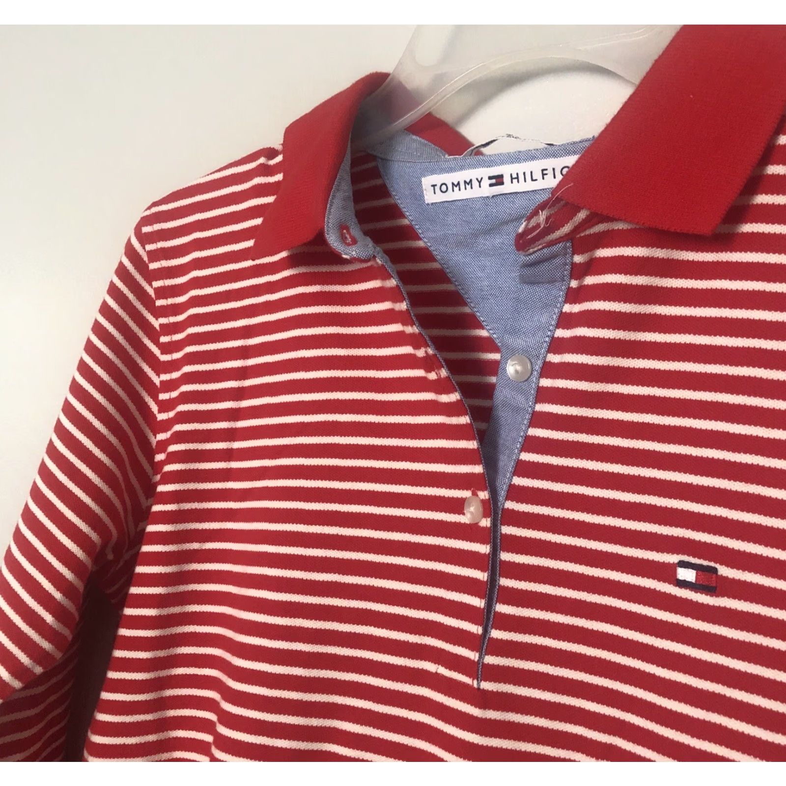 Tommy Hilfiger Tommy Hilfiger Womens M Medium Red Stripe 3/4 Sleeve Polo Shirt Casual Top Knit Button Hem Regular Womens Size M / US 6-8 / IT 42-44 - 3 Thumbnail