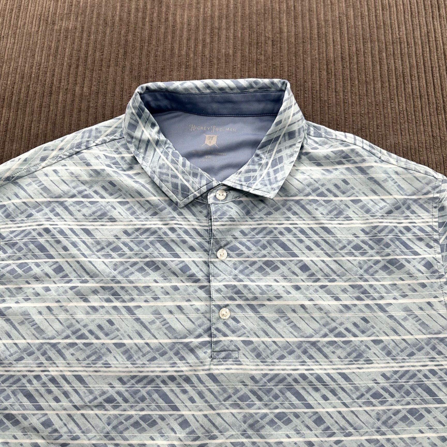 Vintage Hickey Freeman Polo Men 2XL Storm Blue Stripes Polyester Golf Shirt Short Sleeve Collared Pullover Casual Golfing Size US XXL / EU 58 / 5 - 7 Thumbnail