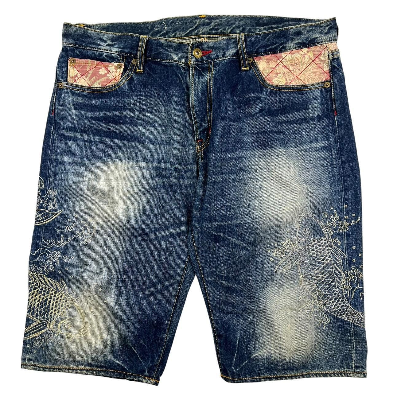Japanese Brand Vintage Embroidered Koi Japanese Denim Shorts - Waist: 37” Size US 37 - 1 Thumbnail