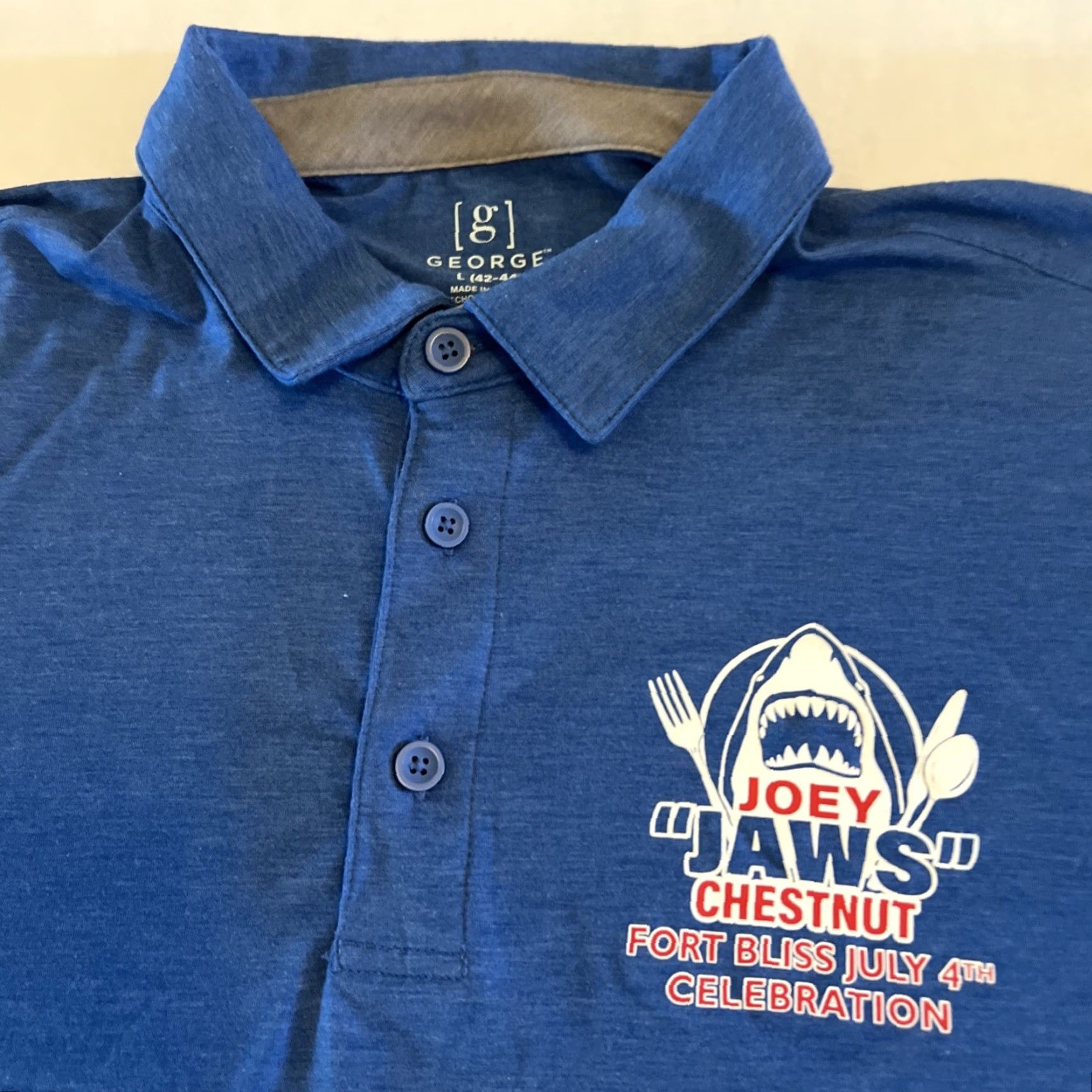 George VINTAGE Rare Joey “Jaws” Chestnut July 4th Polo Shirt Large New Mens Polo Shirt Blue 100% Cotton Jaws Theme Collection Size US L / EU 52-54 / 3 - 3 Thumbnail