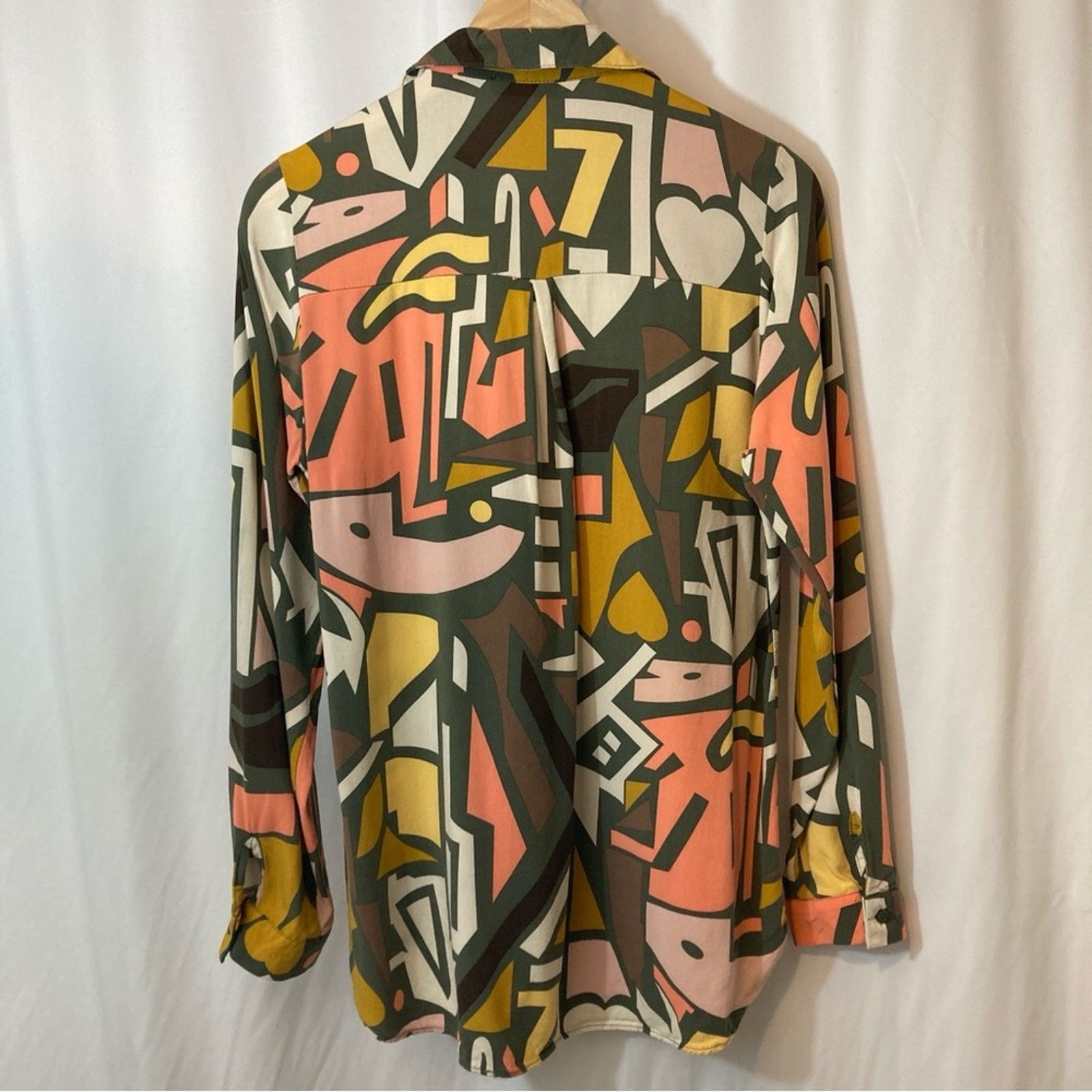 Other Big Dart Brown Orange Yellow Abstract Button Up Blouse Top Size M / US 6-8 / IT 42-44 - 9 Thumbnail