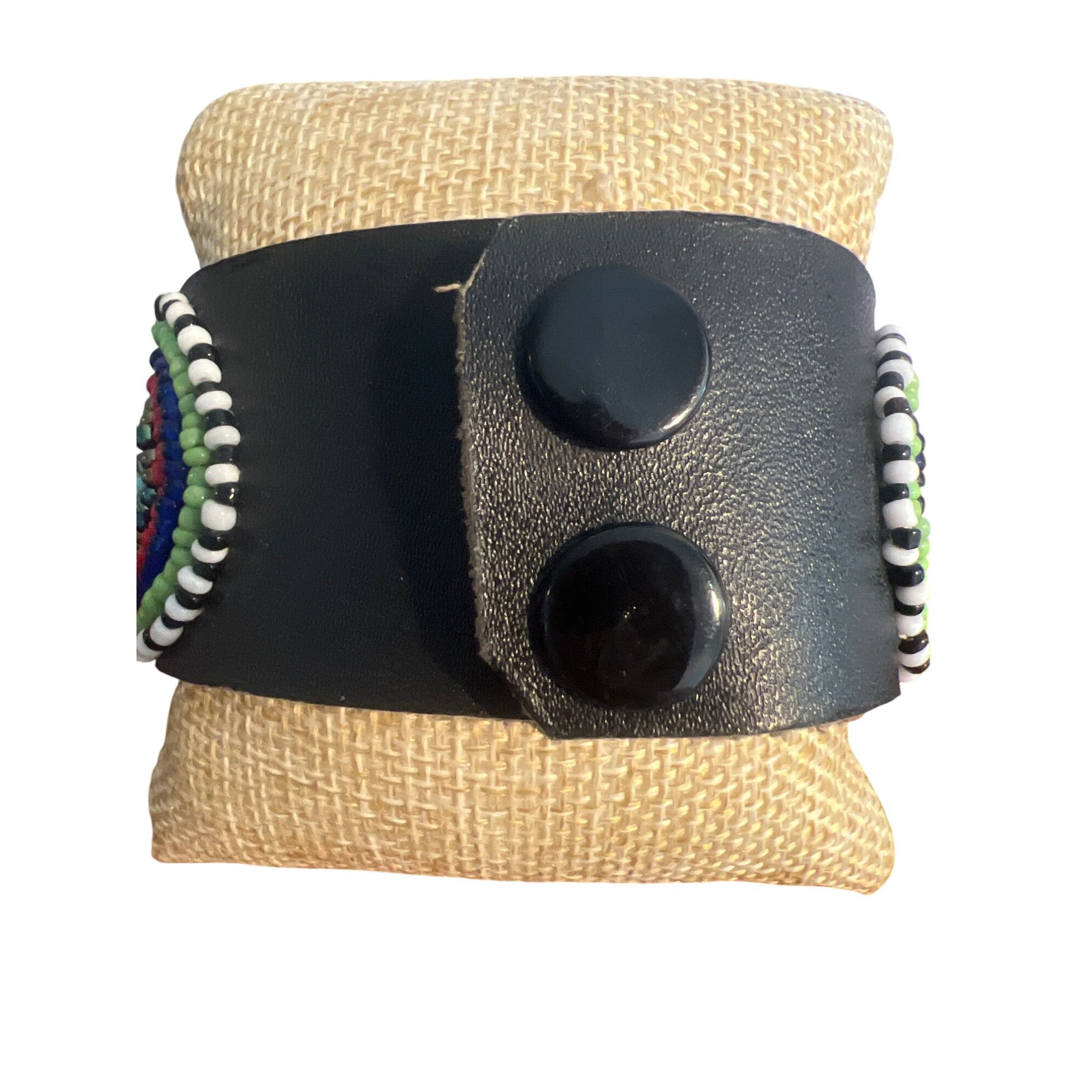 Other Vintage Beaded Leather Cuff Bracelet Handcrafted Double Snap Size ONE SIZE - 3 Thumbnail
