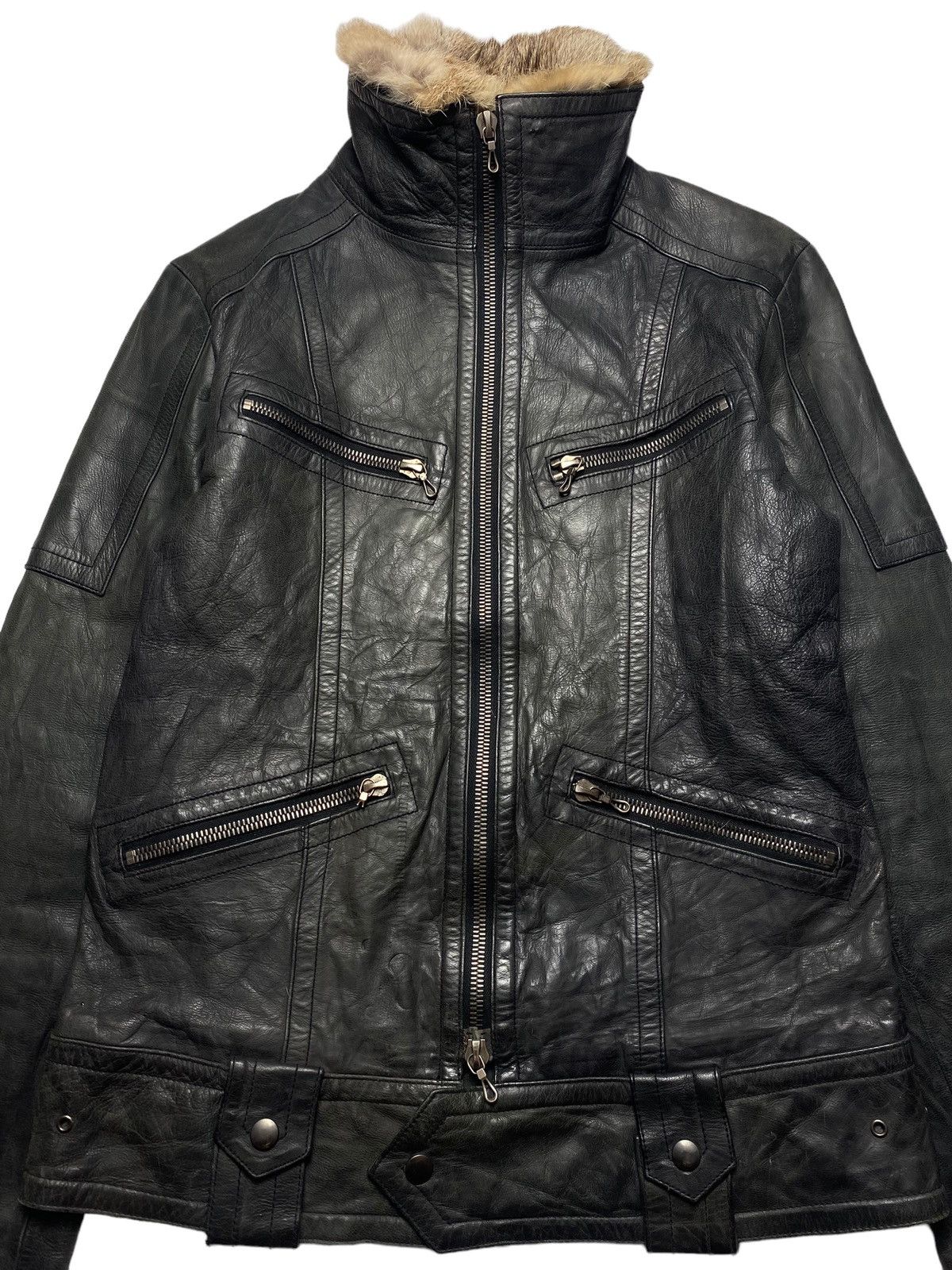 J*e様 00s shellac double zip leather blou 2000s Shellac - Trim Fur Biker Leather Jacket Riri Zipper