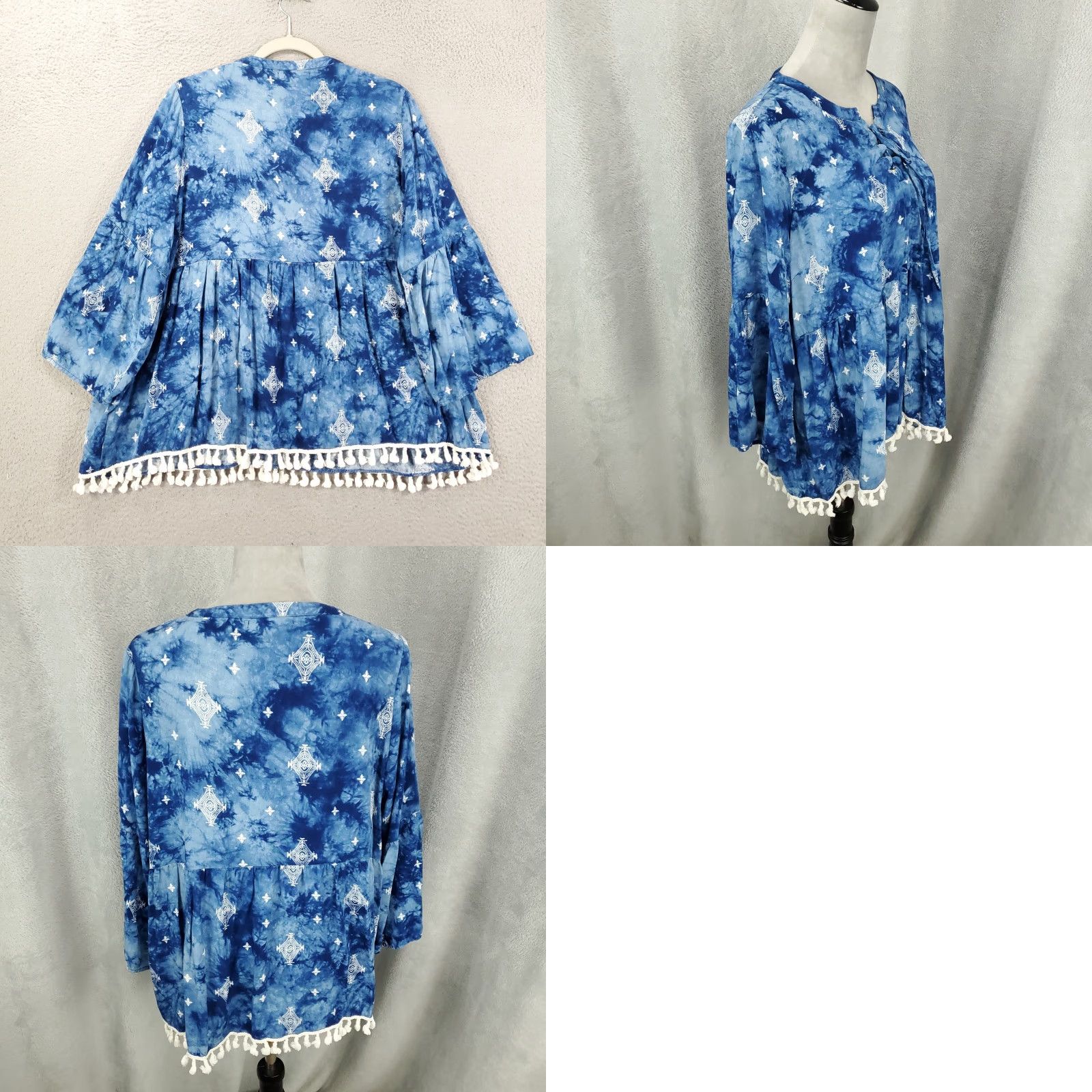 Vintage Calessa Tunic Womens XL Blue White Tie Dye Geometric Tasseled Boho Blouse Size XL / US 12-14 / IT 48-50 - 8 Thumbnail
