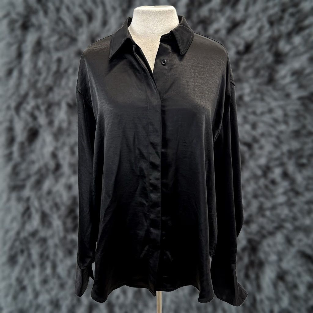Good American Good American Shirt Women’s L XL Black Satin Button-Up Relaxed Washed Weekend Covered Buttons Casual Business Size L / US 10 / IT 46 - 1 Thumbnail
