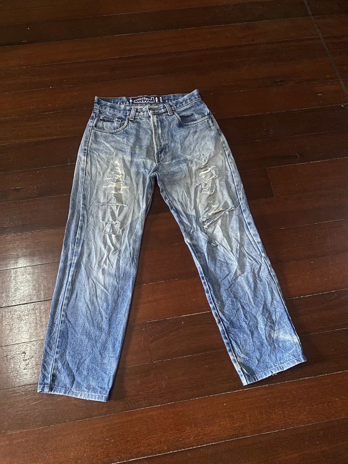 image of Anchor Blue x Jnco Amazing Fire Vintage Swivel Usa Wide Leg Distressed in Blue, Men's (Size 34)