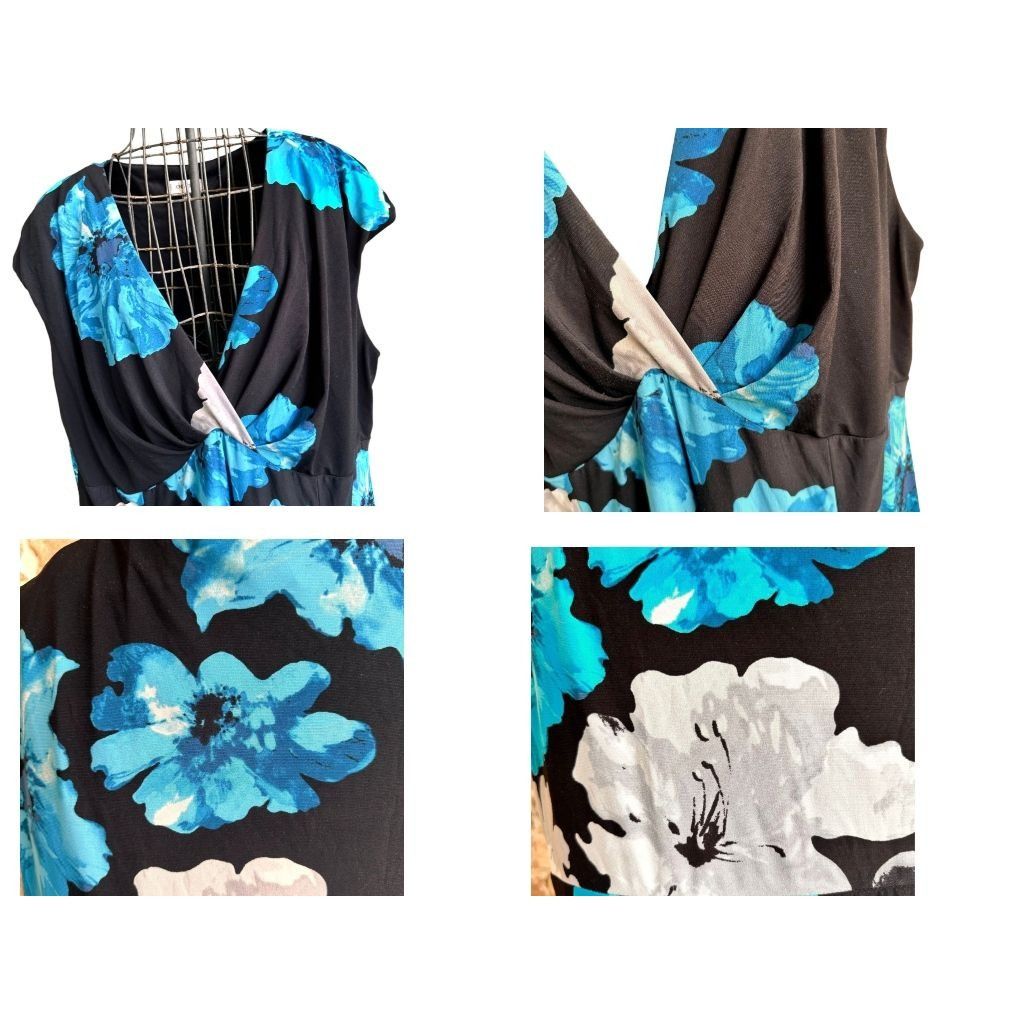 Vintage VTG Jones Studio Woman Blue Floral Dress 20W Black Sleeveles Size 3XL / US 20-22 - 4 Thumbnail